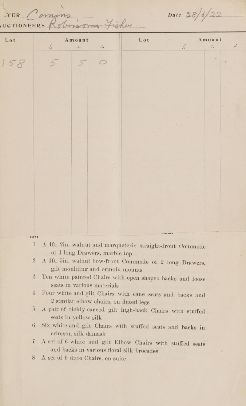   /YER yas OLA ooo Date Soe/ee 22 Balen OM MOLE DOOD... 0Ss00 , y we of ae .UCTIONEERS Tosa ent e NY ah af 6 on, SO Lot Amount Lot Amount eB ; 5 da. Pa ue aay a. Gy — a ome — 2 > / / Cc)  uUL to        _—<—= we A 4ft. 2in. walnut and marqueterie straight-front Commode of 4 long Drawers, marble top | A 4ft. 5in. walnut bow-front Commode of 2 long Drawers, gilt moulding and ormolu mounts Ten white painted Chairs with open shaped backs and loose seats in various materials Four white and gilt Chairs with cane seats and backs and 2 similar elbow chairs, on fluted legs A pair of richly carved gilt high-back Chairs with stuffed seats in yellow silk | Six white and gilt Chairs with stuffed seats and backs in crimson silk damask   and backs in various floral silk brocades