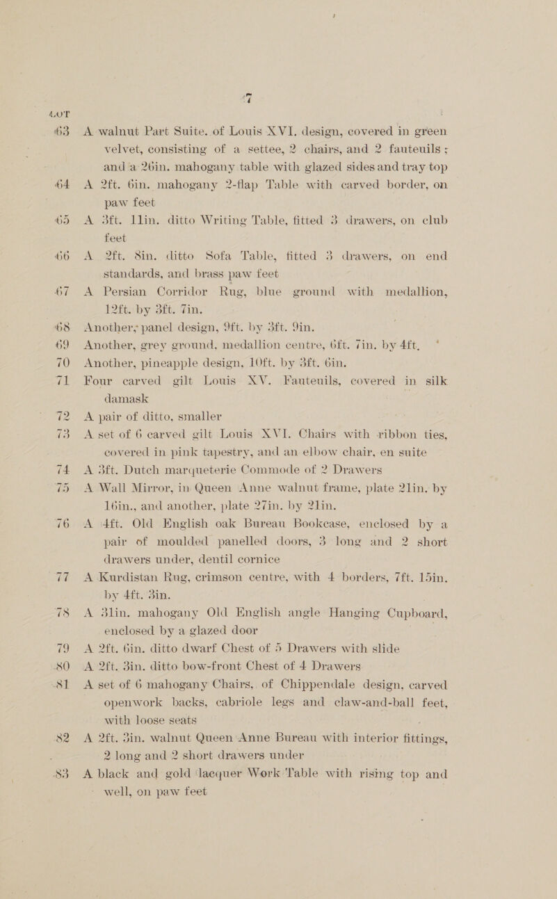 63 H4 65 Pa] am | A walnut Part Suite. of Louis XVI. design, covered in green velvet, consisting of a settee, 2 chairs, and 2 fauteuils ; and a 2bin. mahogany table with glazed sides and tray top A 2ft. 6in. mahogany 2-flap Table with carved border, on paw feet | A 3ft. Llin. ditto Writing Table, fitted 3 drawers, on club feet A. 2ft. 8in. ditto Sofa Table, fitted 3 drawers, on end standards, anc brass paw feet A Persian Corridor Rug, blue ground with medallion, T2ft.by sft. fin. Another, panel design, 9ft. by 3ft. 9in. Another, grey ground, medallion centre, oft. in. by 4ft, * Another, pineapple design, LOft. by 3ft. Gin. Four carved gilt Louis XV. Fauteuils, covered in silk damask ‘ A pair of ditto, smaller A set of 6 carved gilt Louis XVI. Chairs with ribbon ties, covered in pink tapestry, and an elbow chair, en suite A 3ft. Dutch marqueterie Commode of 2 Drawers A Wall Mirror, in Queen Anne walnut frame, plate 2lin. by 16in., and another, plate 27in. by 21in. A 4ft. Old English oak Bureau Bookcase, enclosed by a pair of moulded panelled doors, 3 long and 2 short drawers under, dentil cornice A Kurdistan Rug, crimson centre, with 4 borders, 7ft. 15in. by 4ft. 3in. A 3lin. mahogany Old English angle Hanging Cupboard, enclosed by a glazed door ; A 2ft. 6in. ditto dwarf Chest of 5 Drawers with slide A 2ft. 3in. ditto bow-front Chest of 4 Drawers A set of 6 mahogany Chairs, of Chippendale design, carved ~ openwork backs, cabriole legs and claw-and-ball feet, with loose seats A 2ft. 3in. walnut Queen Anne Bureau with interior fittings, 2 long and 2 short drawers under A black and gold ‘lacquer Work Table with rismg top and well, on paw feet )