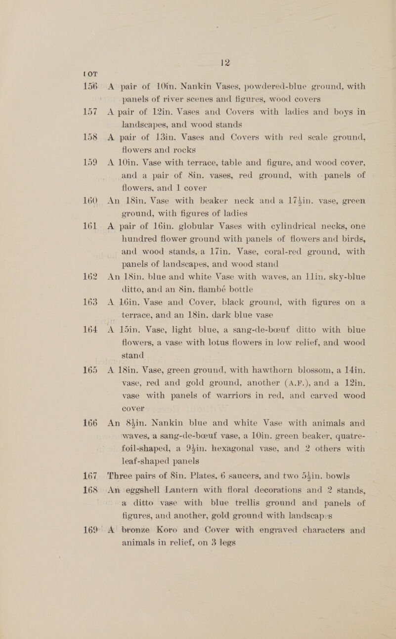 162 163 167 168 169 12 A pair of 10in. Nankin Vases, powdered-blue ground, with -panels of river scenes and figures, wood covers A pair of 12in. Vases and Covers with ladies and boys in landscapes, and wood stands A pair of 13in. Vases and Covers with red scale ground, flowers and rocks A 10in. Vase with terrace, table and figure, and wood cover, and a pair of Sin. vases, red ground, with -panels of flowers, and | cover | An 18in. Vase with beaker neck and a 175in. vase, green ground, with figures of ladies A pair of loin. globular Vases with cylindrical necks, one hundred flower ground with panels of flowers and birds, and wood stands, a 17in. Vase, coral-red ground, with | panels of landscapes, and wood stand An 18in. blue and white Vase with waves, an llin. sky-blue ditto, and an 8in. flambé bottle A 16in. Vase and Cover, black ground, with figures on a terrace, and an 18in. dark blue vase flowers, a vase with lotus flowers in low relief, and wood stand vase, red and gold ground, another (A.F.), and a 12in. vase with panels of warriors in red, and carved wood cover An 8t$in. Nankin blue and white Vase with animals and waves, a sang-de-boeuf vase, a 10in. green beaker, quatre- foil-shaped, a 94in. hexagonal vase, and 2 others with leaf-shaped panels Three pairs of 8in. Plates, 6 saucers, and two 54in. bowls An eggshell Lantern with floral decorations and 2 stands, a ditto vase with blue trellis ground and panels of figures, and another, gold ground with landscapes A’ bronze Koro and Cover with engraved characters and animals in relief, on 3 legs