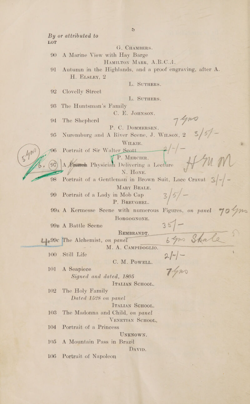 LOT G7. CHAMBERS. 90 A Marine View with Hay Barge Hamitton Marr, A.R.C.A. 91 Autumn in the Highlands, and a proof engraving, after A. A. HLSiEY, 2 L. SUTHERS. 92 Clovelly Street ii. SUTHERS. 93 The Huntsman’s Family C. E. Jounson. 94 The Shepherd 3 7 Yd P. C. DomMMERSEN. ee 95 Nuremburg and A River Scene, J. Winson, 2 S/ oe dhe    WILKIE. 3 # 2   Portrait of Sir ier P.    Muro IER.   Vy N. ae Portrait of a Gentleman in Brown Suit, Lace Cravat 3/-/ - Y Mary BEALE. oy 99 Portrait of a Lady in Mob Cap 2 / af — P. BREUGHEL. a 994 A Kermesse Scene with numerous Figures, on panel 70 tine y, : BORGOGNONE. , 998 A Battle Scene 3 2 | _ REMBRANDT. __ eee te ee. wate The Alchemist, on panel 4 Gre het M. A. CamPprmDoGLio. 100 Still Life Q. }-/ we C. M.,Pownun. 101. A Seapiece 7¢ Signed and dated, 1805 fA ITantIaAN ScHoon. 102. The Holy Family Dated 1528 on panel ITALIAN SCHOOL. 108 The Madonna and Child, on panel VENETIAN SCHOOL, 104 Portrait of a Princess UNKNOWN. 105 A Mountain Pass in Brazil DAVID. 106 Portrait of Napoleon