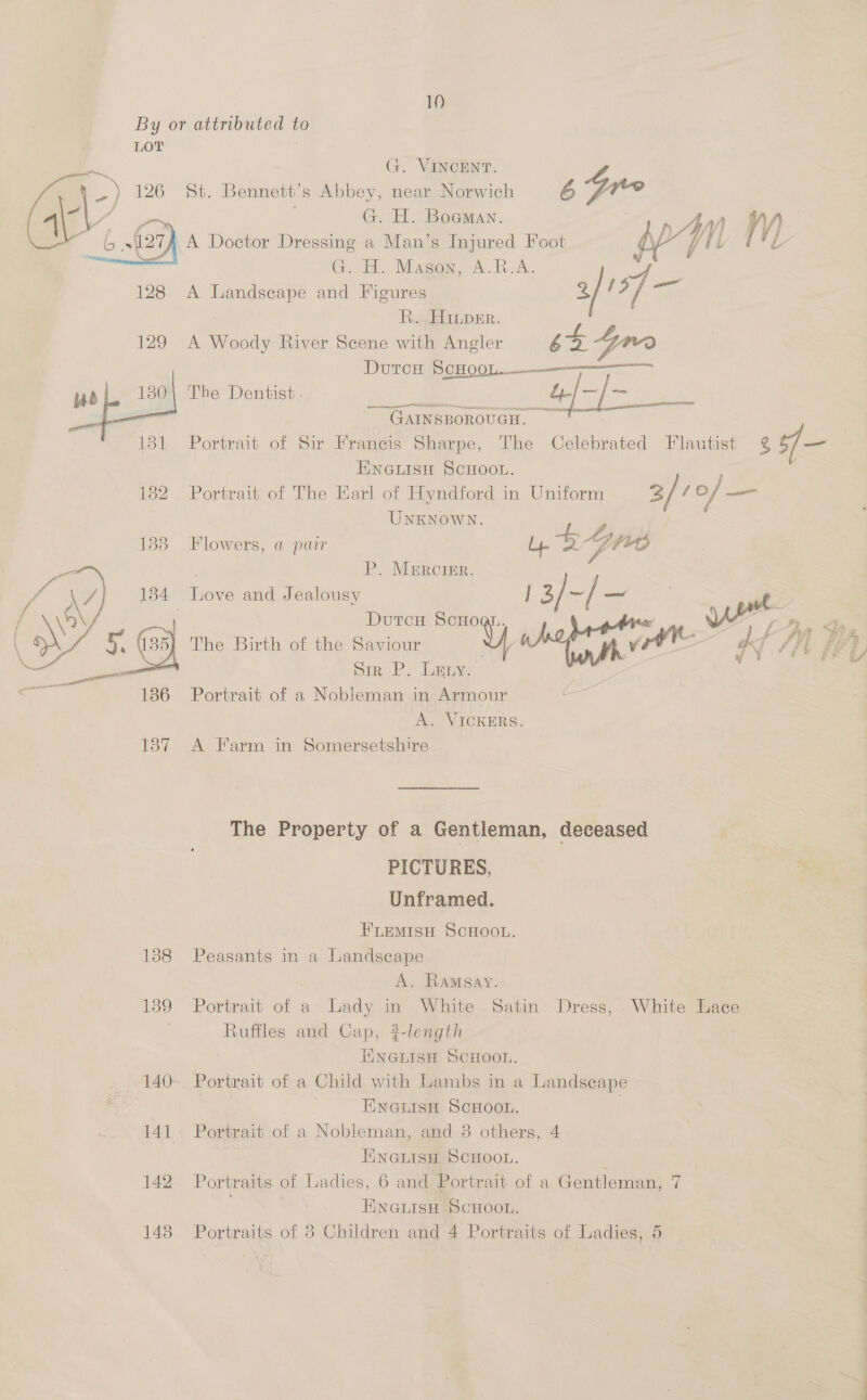 G. VINCENT. St. Bennett’s Abbey, near Norwich E Gio  G. H. Boamay. 1 pW W) A Doctor Dressing a Man’s Injured Foot (va fir iL G. H. Mason, A.R.A. | A Landscape and Figures 3/197 — : RB. HILpeEr. 129 A Woody River Scene with Angler es 6agr DUTCH SCHQOL ———— The Dentist. 4l- (bes eee GAINSBOROUGH. Portrait of Sir Francis Sharpe, The Celebrated Flautist ¢ — ENGLISH SCHOOL. 1382 Portrait of The Earl of Hyndford in Uniform 3/7 o/ — UNKNOWN. veg. 133 Flowers, a pair Ly. ci) Gro P. MERcIER. Love and Jealousy | 3/~ /~- | Dutcu par es, The Birth of the Saviour acm MM iid | Sir P. Lay. Portrait of a Nobleman in Armour A. VICKERS. 137 A Farm in Somersetshire    The Property of a Gentleman, deceased PICTURES, Unframed. FLEMISH SCHOOL. 138 Peasants in a Landscape A. Ramsay. 4 139 Portrait ie a Lady in White Satin Dress, .White Lace ; Ruffles and Cap, ?-length HINGLISH SCHOOL. 140- Portrait of a Child with Lambs in a Landscape Enauisu ScHoou. 141+ Portrait of a Nobleman, and 8 others, 4 ENGLISH SCHOOL. 142. Portraits of Ladies, 6 and Portrait of a Gentleman, 7 . ENGLISH SCHOOL. 143 Portraits of 8 Children and 4 Portraits of Ladies, 5