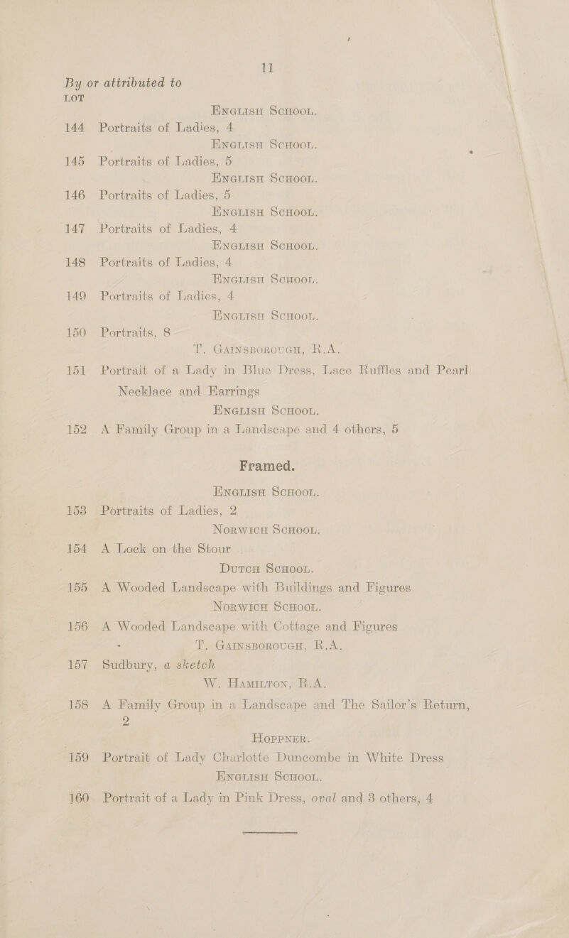 LOT 144 145 146 147 148 149 150 151 152 158 159 160 Enauiso ScHoou. Portraits of Ladies, 4 | ENGLISH SCHOOL. Portraits of Ladies, 5 | ENaGuisH SCHOOL. Portraits of Ladies, 5 ENGLISH SCHOOL. Portraits of Ladies, 4 ENGLISH SCHOOL. Portraits of Ladies, 4 ENGLISH SCHOOL. Portraits of Ladies, 4 ENGLISH SCHOOL. Portraits, 8 T. GarnsporoueH, R.A. Portrait of a Lady in Blue Dress, Lace Ruffles and Pearl Necklace and Earrings ENGLISH SCHOOL. A Family Group in a Landscape and 4 others, 5 Framed. EINGLISH SCHOOL. Portraits of Ladies, 2 NorwicuH ScHOoOL. A Lock on the Stour . DutcH SCHOOL. A Wooded Landseape with Buildings and Figures NorwicH SCHOOL. A Wooded Landscape with Cottage and Figures : T. GainsporouGcH, R.A. Sudbury, a sketch W. Hamintron, R.A. A Family Group in a Landscape and The Sailor’s Return, 2 HLopPpNER. Portrait of Lady Charlotte Duncombe in White Dress ENGLISH SCHOOL. | Portrait of a Lady in Pink Dress, oval and 3 others, 4