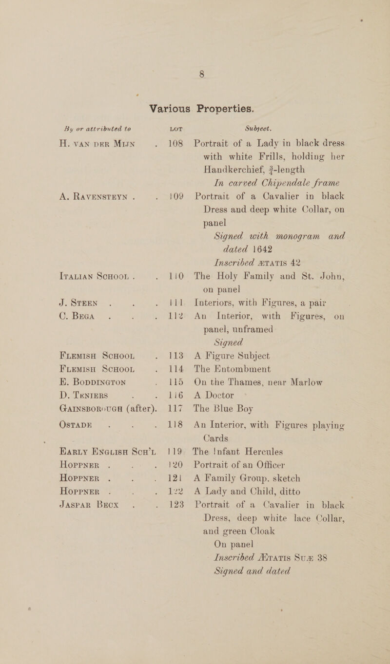 H. vAN DER M1sn A. RAVENSTEYN . ITALIAN SCHOOL . J. STEEN C. Bega FLEMIsH ScHOOL FLEMISH SCHOOL EK. BoppInGTron D. Tenters ; GAINSBOROUGH (after). OsTADE Harty Eneuisa Sow’. HOoPPNER HoppnER Hoppner JASPAR Bucox 108 109 110 Li] 112 113 114 115 116 Py 118 Pe 120 121 here 123 Portrait of a Lady in black dress with white Frills, holding her Handkerchief, ?-length In carved Chipendale frame Portrait of a Cavalier in black Dress and deep white Collar, on panel Signed with monogram and dated 1642 Inscribed ®TaTIS 42 The Holy Family and St. John, on panel Interiors, with Figures, a pair An Interior, with Figures, on panel, unframed Signed A Figure Subject The Entombment On the Thames, near Marlow A Doctor The Blue Boy An Interior, with Figures playing Cards The !nfant Hercules Portrait of an Officer A Family Group. sketch A Lady and Child, ditto Portrait of a Cavalier in black Dress, deep white lace Collar, and green Cloak On panel | Inscribed Airatis Sum 38 Signed and dated
