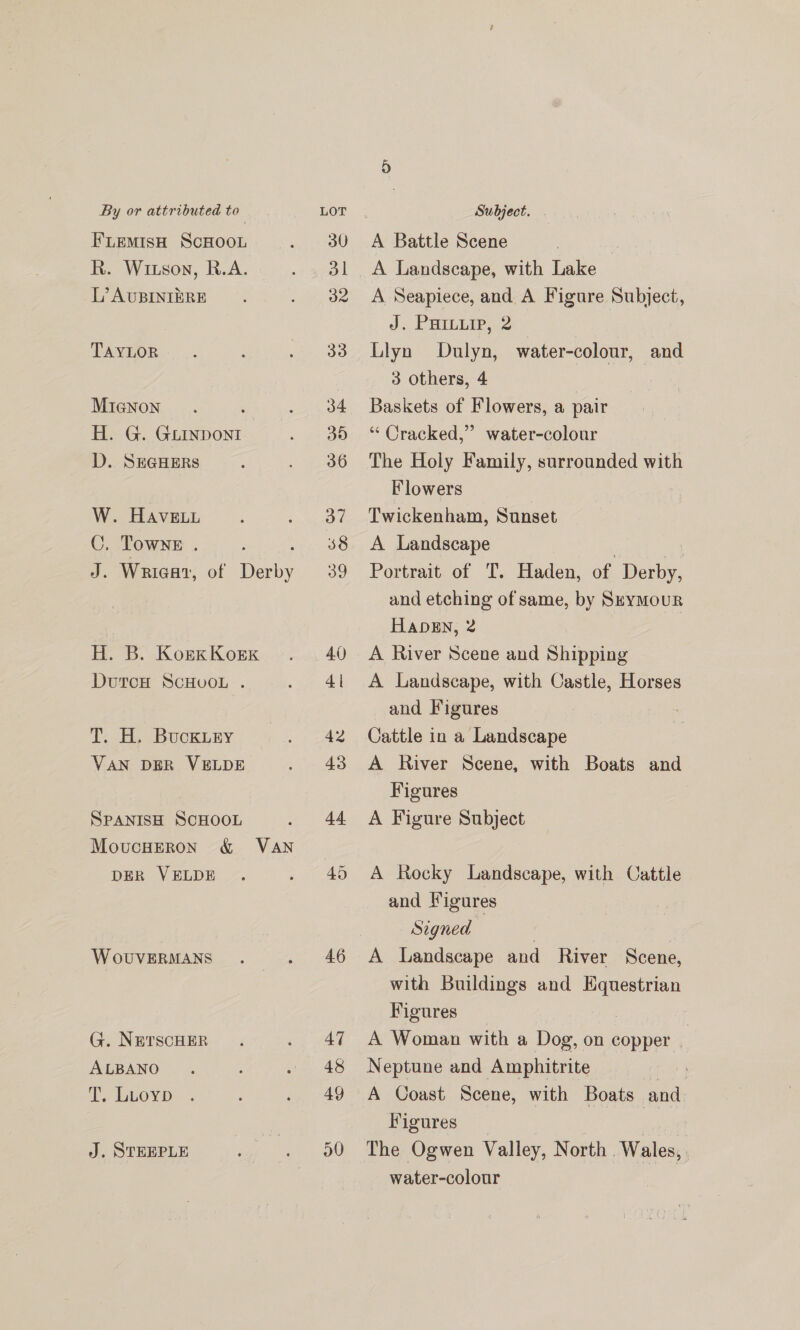 FLemMisH ScHooL R. Witson, R.A. L? AUBINIERE TAYLOR Micnon : H. G. GLINDONI D. SEGHERS W. HAvELL C, TOWNE . J. Wrigat, of Tae H. B. KorkKorxk DutcH ScHUOL . T. H. BuckLEyY VAN DER VELDE SPANISH SCHOOL MovucHERON &amp; VAN DER VELDE W oUVERMANS G. NETSCHER ALBANO T, Luoyp J. STEEPLE 46 48 49 A Landscape, with Lake A Seapiece, and A Figure Subject, J. PHILLIP, 2 Llyn Dulyn, 3 others, 4 Baskets of Flowers, a pair “ Cracked,” water-colour The Holy Family, surrounded with Flowers | Twickenham, Sunset A Landscape 3 Portrait of T. Haden, of bey and etching of same, by SeyMour HapEn, 2 | A River Scene and Shipping A Landscape, with Castle, Horses and Figures Cattle in a Landscape A River Scene, with Boats and Figures A Figure Subject water-colour, and A Rocky Landscape, with Cattle and Wigures Signed | A Landscape and River Scene, with Buildings and Equestrian Figures A Woman with a Dog, on copper 3 Neptune and Amphitrite A Coast Scene, with Boats and Figures ye The Ogwen Valley, North Wales, | water-colour ,