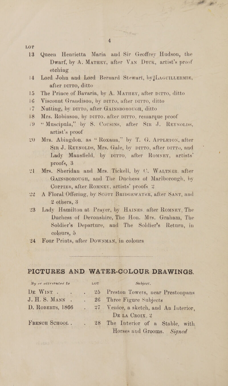 Lor 13° Queen Henrietta Maria and Sir Geoffrey Hudson, the Dwarf, by A. Maraey, after Van Dyck, artist’s proof etching 14 Lord John and Lord Bernard Stewart, byjLAGUILLERMIE, after DITTO, ditto 15 The Prince of Bavaria, by A. Maruey, after pirro, ditto 16 Viscount Grandisou, by pirro, after Dirro, ditto Nutting, by prrro, after GaInsBorouaH, ditto 18 Mrs. Robinson, by pirro. after prrro, remarque proof i9 “ Muscipula,”’ -by 8. Cousins, after Sir J. ReEYNoLDs, artist’s proof 20 Mrs. Abingdon,’ as “ Roxana,’ by T. G. AppLEron, after Sir J. Reynoups, Mrs. Gale, by prrro, after prrro, and Lady Mansfield, by pirro, after Romney, artists’ proofs, 3 21. Mrs. Sheridan and Mrs. Tickell, by ©. Watutnar, after GAINSBOROUGH, and The Dachess of Marlborough, by Coppikk, after Romnry, artists’ proofs 2 22 A Floral Offering, by Scorr BrrpGewarer, after San, and 2 others, 3 23 Lady Hamilton at Prayer, by Harnus, after Romney, The Duchess of Devonshire, The Hon. Mrs. Graham, The Soldier’s Departure, and The Soldier’s Return, in colours, 5 | 24 Four Prints, after DowNMAN, in colours  PICTURES AND WATER-COLOUR DRAWINGS. oe or aetrebuced to - Lot Subject. DE WIT . . 25 Preston Towers, near Prestonpans J.H.S. Mann . . 26 Three Figure Subjects D. Roperts, 1866 . 27. Venice, a sketch, and An Interior, | “4 Dr La Crorx, 2 FRENCH SCHOOL . . 28 The Interior of a Stable, with ee Horses and Grooms. Signed |