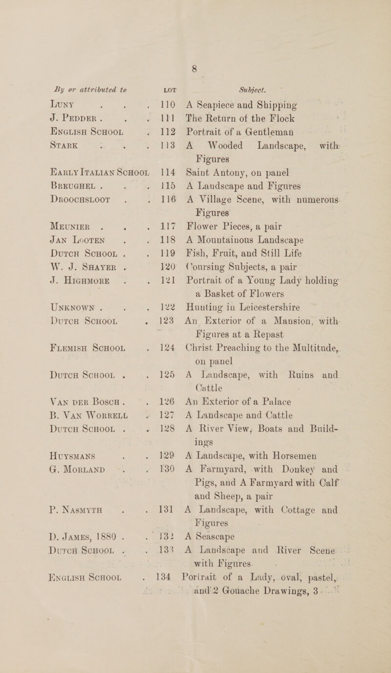 Luny J. PEDDER . ENGLIsH SCHOOL STARK EARLY ITALIAN SCHOOL BREUGHEL . DRoocHsLooT MeEuvNIER JAN LoorTEen DutcH ScHOOL . W. J. SHAYER . J. HIGHMORE UNKNOWN . DutcH SCHOOL FLemMiIsH ScHoou DutcH ScHOOL . VAN DER Bosca . B. Van WoRRELL DutcuH ScHOOL HvyYsMANS G. MorLAND P. NasmytTH D. JAMES, 1880 . DutcH ScHOOL ENGLISH SCHOOL 131 133 A Seapiece and Shipping The Return of the Flock Portrait of a Gentleman ~~ A Wooded Landscape, Figures Saint Antony, on panel A Landscape and Figures | A Village Scene, with numerous- Figures Flower Pieces, a pair A Mountainous Landscape Fish, Fruit, and Still Life Coursing Subjects, a pair Portrait of a Young Lady holding a Basket of Flowers Hunting in Leicestershire An Exterior of a Mansion, with Figures at a Repast Christ Preaching to the Multitude, 3 on panel A Jandscape, Cattle An Exterior of a Palace A Landscape and Cattle A River View; Boats and Build- ings A Landscape, with Horsemen A Farmyard, with Donkey and ~ Pigs, and A Farmyard with Calf and Sheep, a pair A Landscape, with Cottage and Figures with Ruins and A Seascape A Landscape and Rive Scene 3 with Figures.