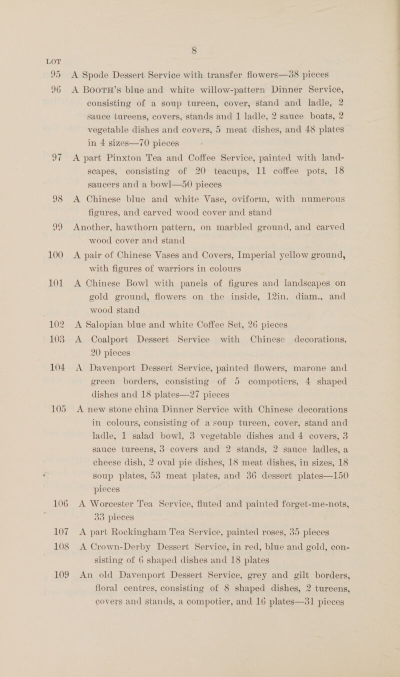 Sil c© c© 100 101 102 103 104 105 106 107 108 109 8 A Spode Dessert Service with transfer flowers—8 pieces A BoornH’s blue and white willow-pattern Dinner Service, consisting of a soup tureen, cover, stand and ladle, 2 sauce tureens, covers, stands and 1 ladle, 2 sauce boats, 2 vegetable dishes and covers, 5 meat dishes, and 48 plates in 4 sizes—70 pieces A part Pinxton Tea and Coffee Service, painted with land- scapes, consisting of 20 teacups, 11 coffee pots, 18 saucers and a bowl—50 pieces A Chinese blue and white Vase, oviform, with numerous figures, and carved wood cover and stand Another, hawthorn pattern, on marbled ground, and carved wood cover and stand A pair of Chinese Vases and Covers, Imperial yellow ground, with figures of warriors in colours A Chinese Bowl with panels of figures and landscapes on gold ground, flowers on the inside, 12in. diam., and wood stand A Salopian blue and white Coffee Set, 26 pieces A Coalport Dessert Service with Chinese decorations, 20 pieces A Davenport Dessert Service, painted flowers, marone and green borders, consisting of 5 compotiers, 4 shaped dishes and 18 plates—27 pieces A new stone china Dinner Service with Chinese decorations in colours, consisting of a soup tureen, cover, stand and sauce tureens, 8 covers and 2 stands, 2 sauce ladles, a cheese dish, 2 oval pie dishes, 18 meat dishes, in sizes, 18 soup plates, 53 meat plates, and 36 dessert plates—150 pieces A Worcester Tea Service, fluted and painted forget-me-nots, 30 pieces | | A part Rockingham Tea Service, painted roses, 35 pieces A Crown-Derby Dessert Service, in red, blue and gold, con- sisting of 6 shaped dishes and 18 plates | An old Davenport Dessert Service, grey and gilt borders, floral centres, consisting of 8 shaped dishes, 2 tureens, covers and stands, a compotier, and 16 plates—31 pieces — es
