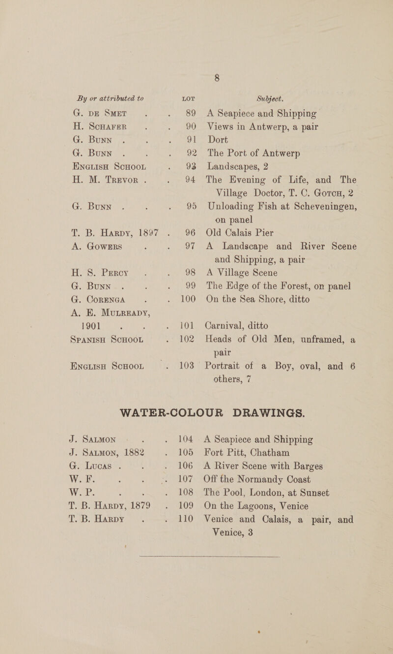 G. DE SMET H. ScHAFER G. Bunn G. Bunn ENGLISH SCHOOL H. M. Trevor . G. Bunn B. Harpy, 1897 GOWERS > HS. PEepey G. Bunn G. CoRENGA A. E. Mubregapy, 1901 SPANISH SCHOOL ENGLISH SCHOOL A Seapiece and Shipping Views in Antwerp, a pair Dort The Port of Antwerp Landscapes, 2 The Evening of Life, and The Village Doctor, T. C. Gorton, 2 Unloading Fish at Scheveningen, on panel Old Calais Pier A Landscape and River Scene and Shipping, a pair A Village Scene The Edge of the Forest, on panel On the Sea Shore, ditto Carnival, ditto Heads of Old Men, unframed, a pair Portrait of a Boy, oval, and 6 others, 7 J. SALMON J. SALMon, 1882 G. Lucas . 104 105 106 107 108 109 110 A Seapiece and Shipping Fort Pitt, Chatham A River Scene with Barges Off the Normandy Coast The Pool, London, at Sunset On the Lagoons, Venice Venice and Calais, a pair, and Venice, 3 