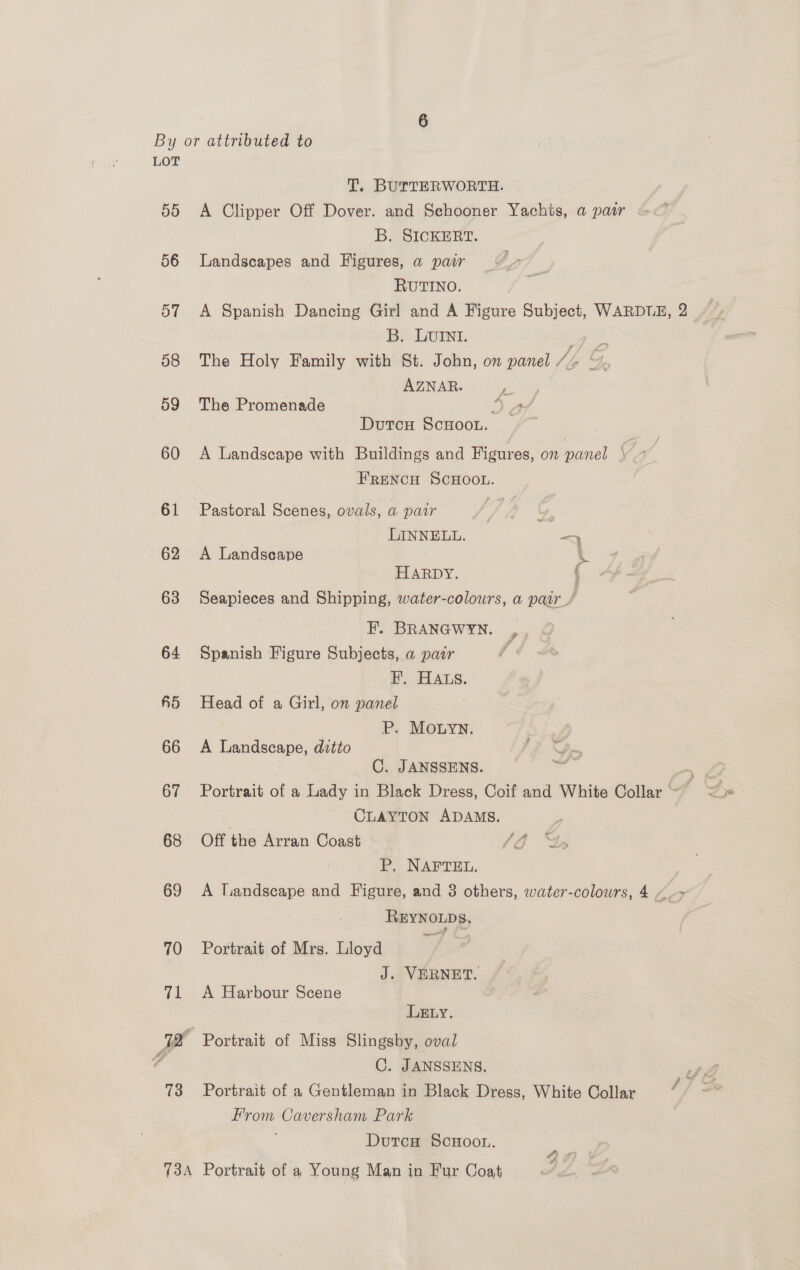 LOT T. BUTTERWORTH. 55 <A Clipper Off Dover. and Schooner Yachts, a pair — B. SICKERT. 56 Landscapes and Figures, a pair RUTINO. 57 A Spanish Dancing Girl and A Figure Subject, WARDUE, 2 B, LurInt. ee 58 The Holy Family with St. John, on panel /, ‘o G. AZNAR. gs 59 The Promenade ) Dutcu ScHoou. 60 A Landscape with Buildings and Figures, on panel 7 FRENCH SCHOOL. 61 Pastoral Scenes, ovals, a pair LINNELL. — 62 A Landscape HARDY. [ 63 Seapieces and Shipping, water-colours, a pair_/ i F. BRANGWYN. 64 Spanish Figure Subjects, a par ? KF. HALS. 65 Head of a Girl, on panel P. MOLyN, 66 A Landscape, ditto 2 Yo C. JANSSENS. al 67 Portrait of a Lady in Black Dress, Coif and White Collar ~” CLAYTON ADAMS. 68 Off the Arran Coast dle PP. NAPIEL. 69 A landscape and Figure, and 3 others, water-colours, 4“. REYNOLDS, 70 Portrait of Mrs. Lloyd J. VERNET. 71 <A Harbour Scene LELY. 72 Portrait of Miss Slingsby, oval 7 C. JANSSENS. 73 Portrait of a Gentleman in Black Dress, White Collar From Caversham Park DutcH ScHoo.. (3A Portrait of a Young Man in Fur Coat