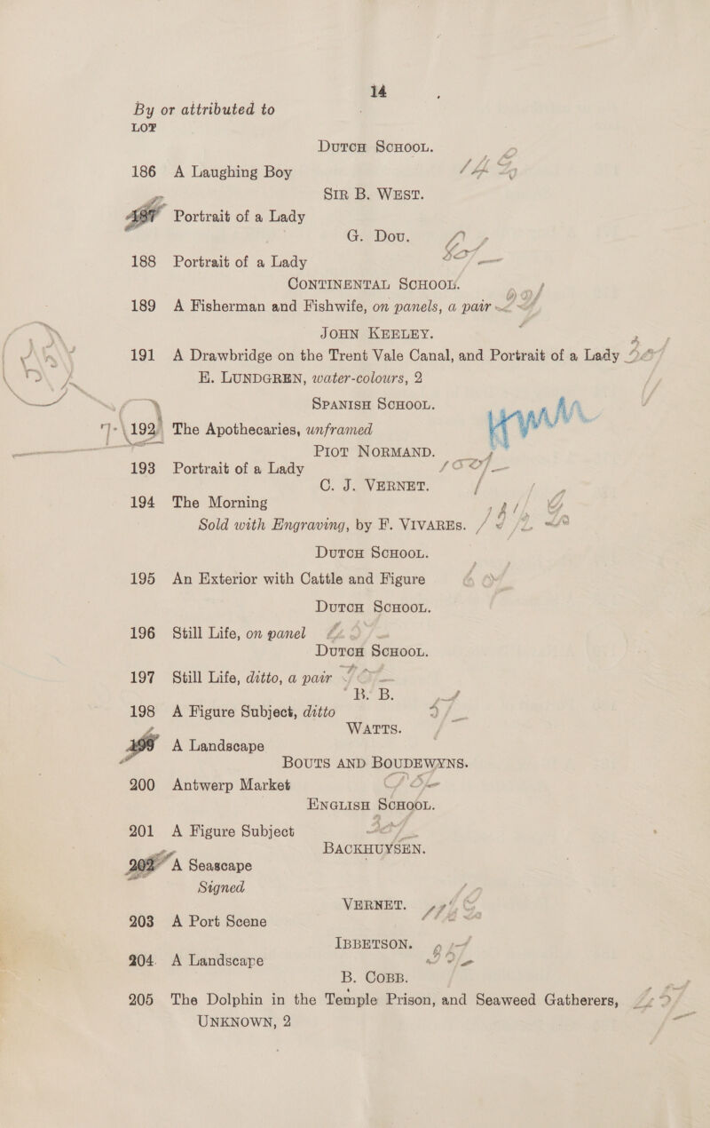 By or attributed to . LOP DutcH ScHOOL. - 186 A Laughing Boy ip Lo yr, SIR B. WEST.  Portrait of a Lady  G. Dov. J 7 188 Portrait of a Lady oO CONTINENTAL SCHOOL. ew 189 A Fisherman and Fishwife, on panels, a pair. ~~ JOHN KEELEY. ; > ee 191 A Drawbridge on the Trent Vale Canal, and Portrait of a Lady 48 K. LUNDGREN, water-colours, 2 ‘ SPANISH SCHOOL.  7-\ 193) The Apothecaries, wnframed ‘l eine ane PIOT WORMAND. i 7” 193 Portrait of a Lady foe l= C. J. VERNET. / 194 The Morning Sold with Engraving, by F. VIVAREs. y Dutcu ScHOOL. 195 An Exterior with Cattle and Figure DutcH ScHOOL. 196 Still Life, on panel ¢ DutcH ScHOOL. 197 Still Life, ditto, a pair 2 akg 3B: pee 4 198 A Figure Subject, ditto DF: , WATTS. 1 A Landscape Bouts AND BOUDEWYNS. 200 Antwerp Market CAS Ofer ENGLISH ScHoot. 201 A Figure Subject AIF ia BACKHUYSEN. 202° A Seascape Signed  VERNET. yy!“ 203 A Port Scene O48 « IBBETSON. pp s-# 204. A Landscape 7 Of, | B. CoBB. 205 The Dolphin in the Temple Prison, and Seaweed Gatherers, UNKNOWN, 2