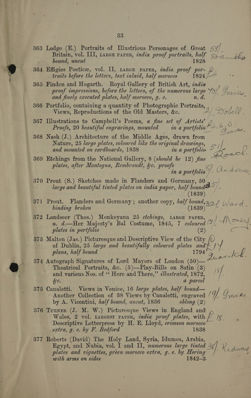 364 360 366 367 368 370 371 372 373 33 Britain, vol. ILI, tarce paper, india proof portraits, half = ee el bound, uncut 1828 Effigies Poetics, vol. II, tarce paprr, india proof por- p traits before the letters, text inlaid, half morocco 182477 Finden and Hogarth. Royal Gallery of British Art, india Hoe proof impressions, before the letters, of the numerous large 457 7 CAN/ Qo and finely executed plates, half morocco, g. e. n.d Portfolio, containing a quantity of Photographic Portraits, ey Views, Reproductions of the Old Masters, &amp;c. A} Vote , Illustrations to Campbell’s Poems, a fine set of Artists’ + ; | Proofs, 20 beautiful engravings, mounted in a portfolio” ~-~ 5 “ ye Nash (J.) Architecture of the Middle Ages, drawn from at Nature, 25 large plates, coloured like the original drawings, ,— ) and mounted on cardboards, 1838 im a portfolio 2 pee p Etchings from the National Gallery, 8 (should be 12) fine ~~ ~ plates, after Mantegna, Rembrandt, §c. proofs JQ in a portfolio /- An areve Prout (S.) Sketches made in Flanders and Germany, 50 I a large and beautiful tinted plates on india paper, half bound? ? /_ (1839) Prout. Flanders and Germany ; another copy, half bound,as / (,/., binding broken ; (193932 + Wa A : Landseer (Thos.) Monkeyana 25 etchings, LARGE PAPER, ,, | IN exo n. d.—Her Majesty’s Bal Costume, 1845, 7 coloured /?/. ~ ei plates in portfolio (2) CG ta Malton (Jas.) Picturesque and Descriptive View of the City of Dublin, 25 large and beautifully colowred plates and Ly plans, half bound 1794 Vint lA : 375 377 Theatrical Portraits, &amp;c. (5)—Play-Bills on Satin (3) and various Nos. of ‘‘ Here and There,”’ elustrated, 1872, SC. a parcel Canaletti. Views in Venice, 16 large plates, half bound— . Another Collection of 88 Views by Canaletti, engraved / d. G van/#2 by A. Vicentini, half bound, uncut, 1836 oblong (2) | Wales, 2 vol. Largest PAPER, india proof plates, with F /x Descriptive Letterpress by H. E. Lloyd, crimson morocco” extra, g. e. by F. Bedford 1838 Roberts (David) The Holy Land, Syria, Idumea, Arabia, Egypt, and Nubia, vol. I and II, numerous large tinted 3d K D Fee plates and vignettes, green morocco extra, g.e. by Hering / \“ oe with arms on sides 1842-8. 4)