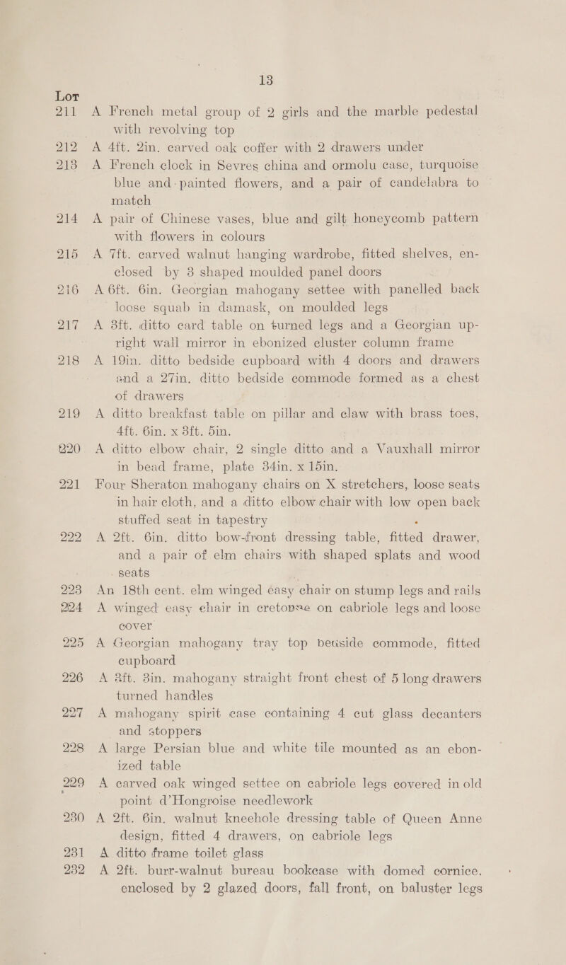 222 13 A French metal group of 2 girls and the marble pedestal with revolving top A 4ft. 2in. carved oak coffer with 2 drawers under A French clock in Sevres china and ormolu case, turquoise blue and-painted flowers, and a pair of candelabra to match A pair of Chinese vases, blue and gilt honeycomb pattern with flowers in colours A 7ft. carved walnut hanging wardrobe, fitted shelves, en- A 6ft. 6in. Georgian mahogany settee with panelled back loose squab in damask, on moulded legs A 8ft. ditto card table on turned legs and a Georgian up- right wall mirror in ebonized cluster column frame and a 27in. ditto bedside commode formed as a chest of drawers : A ditto breakfast table on pillar and claw with brass toes, A ditto elbow chair, 2 single ditto and a Vauxhall mirror in bead frame, plate 34in. x 15in. Four Sheraton mahogany chairs on X. stretchers, loose seats in hair cloth, and a ditto elbow chair with low open back stuffed seat in tapestry : A 2ft. 6in. ditto bow-front dressing table, fitted drawer, and a pair of elm chairs with shaped splats and wood seats | | An 18th cent. elm winged easy chair on stump legs and rails A winged easy ¢hair in cretop=e on ecabriole legs and loose cover A Georgian mahogany tray top beuside commode, fitted cupboard A aft. 8in. mahogany straight front chest of 5 long drawers turned handles | A mahogany spirit case containing 4 cut glass decanters and stoppers | A large Persian blue and white tile mounted as an ebon- ized table A carved oak winged settee on cabriole legs covered in old point d’Hongroise needlework A 2ft. 6in. walnut kneehole dressing table of Queen Anne design, fitted 4 drawers, on cabriole legs A ditto frame toilet glass A 2ft. burr-walnut bureau bookease with domed cornice, enclosed by 2 glazed doors, fall front, on baluster legs