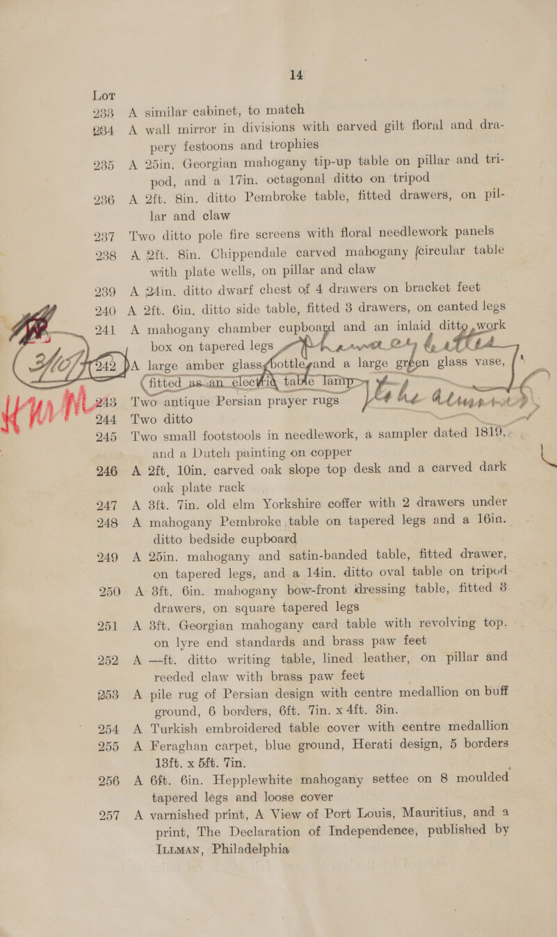  257 14 A similar cabinet, to match A wall mirror in divisions with carved gilt floral and dra- pery festoons and trophies A 25in, Georgian mahogany tip-up table on pillar and tri- pod, and a 17in. octagonal ditto on ‘tripod A 2. Sin. ditto Pembroke table, fitted drawers, on pil- lar and claw Two ditto pole fire screens with floral needlework panels A ft. 8in. Chippendale carved mahogany (circular table with plate wells, on pillar and claw | A 24in. ditto dwarf chest of 4 drawers on bracket feet A 2ft. 6in. ditto side table, fitted 3 drawers, on canted legs A mahogany chamber cupboard and an nis ditt, work box on a he legs ~ pnp BA G atit Goth pee ry ee Ee n ses vase, Gitied. asan_elechid ta + Two antique Persian prayer. rugs Two ditto Two small footstools in needlework, a sampler dated 1819, and a Dutch painting on copper A 2ft. 10in. carved oak slope top desk and a carved dark oak plate rack | A 8ft. Tin. old elm Yorkshire coffer with 2 drawers under A mahogany Pembroke table on tapered legs and a 16in. ditto bedside cupboard A 25in. mahogany and satin-banded table, fitted drawer, on tapered legs, and a 14in. ditto oval table on tripod A 8ft. 6in. mahogany bow-front dressing table, fitted 3 drawers, on square tapered legs A 8ft. Georgian mahogany card table with revolving top. - on lyre end standards and brass paw feet A —+ft. ditto writing table, lined leather, on pillar and reeded claw with brass paw feet A pile rug of Persian design with centre medallion on buff eround, 6 borders, 6ft. Tin. x 4ft. din. A Turkish embroidered table cover with centre medallion A Feraghan carpet, blue ground, Herati design, 5 borders 18ft. x 5ft. Tin. A 6ft. 6in. Hepplewhite mahogany settee on 8 moulded tapered legs and loose cover A varnished print, A View of Port Louis, Mauritius, and a print, The Declaration of Independence, published by Intuman, Philadelphia    