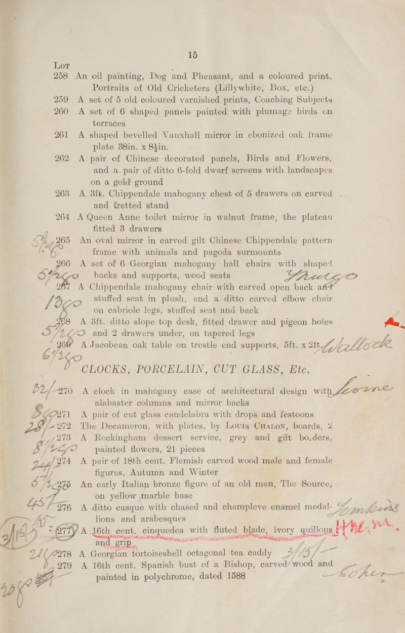 258 An oil painting, Dog and Pheasant, and a coloured print, Portraits of Old Cricketers (Lillywhite, Box, etc.) 259 A set of 5 old coloured varnished prints, Coaching Subjects 260 &lt;A set of 6 shaped panels painted with plumage birds on terraces 261 A shaped bevelled Vauxhall mirror in ebonized oak frame plate 38in. x 84in. 262 A pair of Chinese decorated panels, Birds and Flowers, and a pair of ditto 6-fold dwarf screens with landscapes on a gold ground 263 &lt;A 8ft. Chippendale mahogany chest of 5 drawers on carved and fretted stand 264 A Queen Anne toilet mirror in walnut frame, the plateau fitted 3 drawers Eby 265 An oval mirror in carved gilt Chinese Chippendale pattern 2. © frame with animals and pagoda surmounts 266 A’set of 6 Georgian mahogany hall chairs with shaped o/2¢0 backs and supports, wood seats net CGO? A Chippendale mahogany chair with carved open back ant foc stuffed seat in plush, and a ditto carved elbow chair tee on cabriole legs, stuffed seat and back I68 A dft. ditto slope top desk, fitted drawer and pigeon holes 3 14 ¢-O and 2 drawers under, on tapered legs / b/t60 BecrOoCcKs, PORCELAIN, CUT GLANS, fc. 32/ -270 A clock in mahogany case of architectural design with Br EP os alabaster columns and mirror backs : S$ gon A pair of cut glass candelabra with drops and festoons tay - 272 The Decameron, with plates, by Lovig Caton, boards, 2 ee Se ea Rockingham dessert service, grey and gilt bo.ders, S/3 4S &lt; painted flowers, 21 pieces 2ufF 274 Se pair of 18th cent. Flemish carved wood male and female a figures, Autumn and Winter oy [EB An early Italian bronze figure of an old man, The Source, : on yellow marble base % “iT x, 1276 A ditto casque with chased and champleve enamel medal Zimmer Ag lions and arabesques  ‘er an [grip ag tena i came Z ry PUG of (/278 A Georgian tortoiseshell octagonal tea caddy fg) - 7 v 3 279 A 16th cent. Spanish bust of a Bishop, carved’wood and _- , painted in polychrome, dated 1588 —b ORE Ge iG