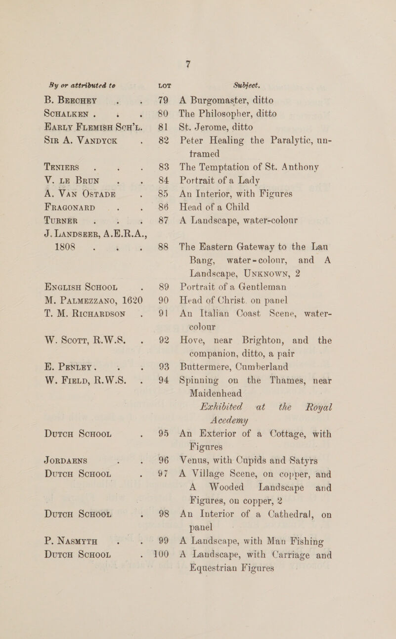 B. BEECHEY SCHALKEN . : i Eariy Fiemisn Scw’n. Str A. VANDYCK TENIERS V. LE Brun A. Van OsTAapE FRAGONARD TURNER ; ; J. LANDSEER, A.E.R.A., 1808 ENGLISH ScHOOL M. PatMEzzANo, 1620 T. M. RicHARDSON W. Scort, R.W.S. E. PENLEY. W. Fievp, R.W.S. DutcH ScHooL JORDAENS DutcH ScHooL DutcH ScHOoOL P. NAsmMytH DutcH ScHooL 91 100 A Burgomaster, ditto The Philosopher, ditto St. Jerome, ditto Peter Healing the Paralytic, un- tramed The Temptation of St. Anthony Portrait of a Lady An Interior, with Figures Head of a Child A Landscape, water-colour The Eastern Gateway to the Lau Bang, water-colonr, and A Landscape, UnkNown, 2 Portrait of a Gentleman Head of Christ. on panel An Italian Coast Scene, water- colour Hove, near Brighton, and the companion, ditto, a pair Buttermere, Cumberland Spinning on the Thames, near Maidenhead Exhibited Acedemy An Exterior of a Cottage, with Figures Venus, with Cupids and Satyrs A Village Scene, on copper, and A Wooded Landscape and Figures, on copper, 2 An Interior of a Cathedral, on panel A Landscape, with Man Fishing A Landscape, with Carriage and Equestrian Figures at the Royal