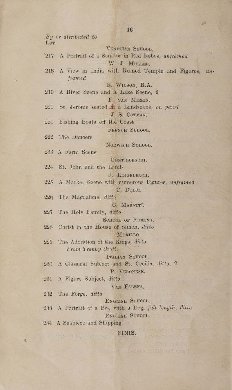 By or attributed to Lot VENETIAN SCHOOL, 217 A Portrait of a Senator in Red Robes, unframed W. J. Mouwunr. 218 A View in India with Ruined Temple and Figures, un- framed ~ R. Witson, R.A. 219 A River Scene and A Lake Scene, 2 EF. van Mrsris, 220 St. Jerome seated Mt a Landscape, on panel J. 8. Corman. 221 Fishing ‘Boats off the Coast FRENCH SCHOOL. B22 The Dancers Norwicu ScHOOL. 233 A Farm Scene GENTILLESCHI. 224 St. John and the Lamb J. Lincenpacn, 225 A Market Scene with numerous Figures, unframed C, Dotct. 22G The Magdalene, ditto C. MArRaAtT!, 227 The Holy Family, ditto Scour or RuBENS. 228 Christ in the House of Simon, ditto ‘Movri11o. 929 The Adoration of the Kings, ditto From Tranby Croft. 3 Traian ScHOOL. 930 A Classical Subject and St. Cecilia, ditto, 2 P. VERONESE. 231 A Figure Subject, ditto Van FALENS, 234 The Forge, ditto ENnGnisH SCHOOL. 233 A Portrait of a Boy with a Dog, full length, ditto ENGLISH SCHOOL. 234 A Seapiece and Shipping FINIS,