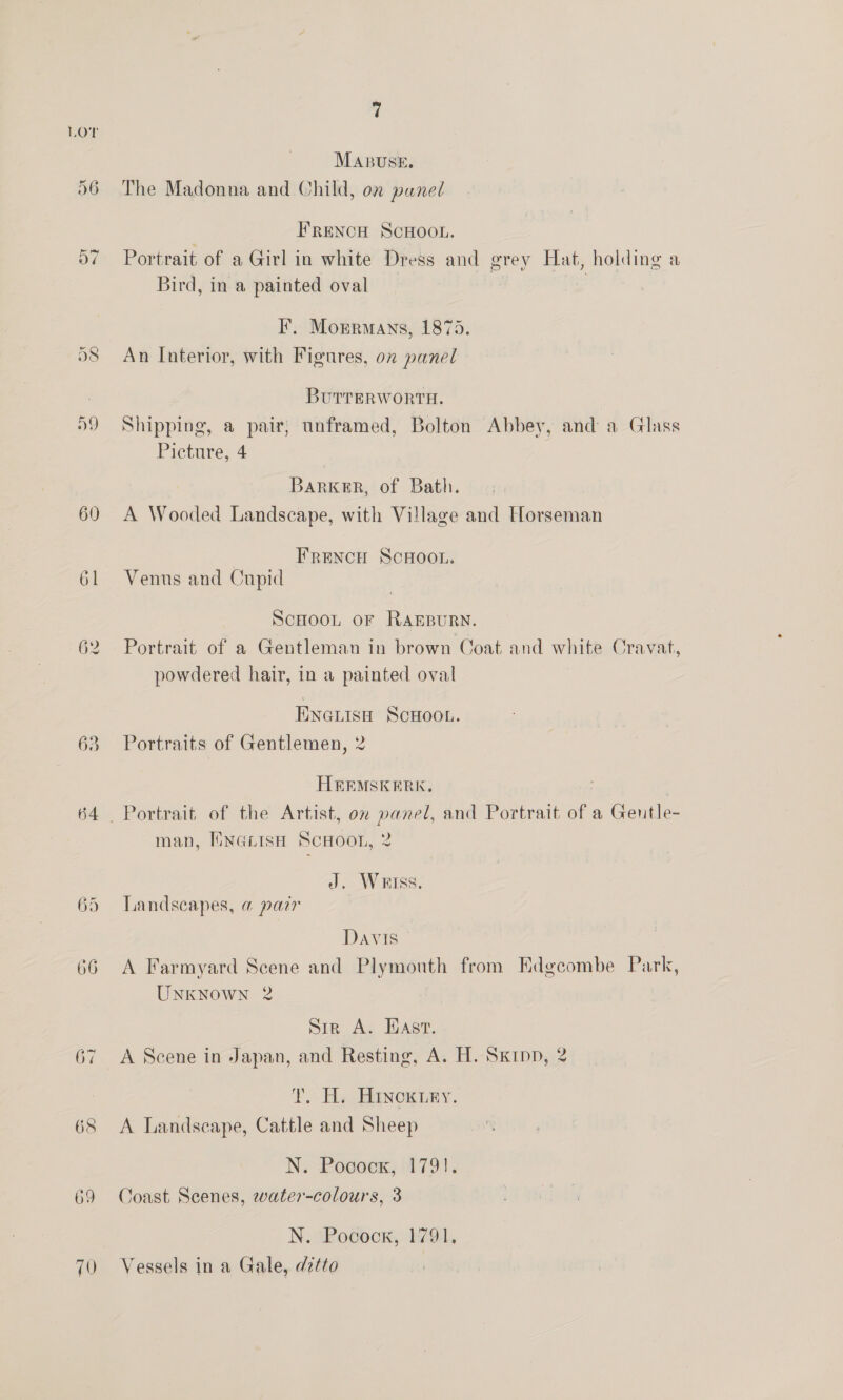 62 63 70 7 MABUSE. The Madonna and Child, on pune FRENCH SCHOOL. Portrait of a Girl in white Dress and grey Hat, holding a Bird, in a painted oval | IF. Morrmans, 1875. An Interior, with Figures, ox panel BUTTERWORTH. Shipping, a pair, unframed, Bolton Abbey, and a Glass Picture, 4 BarkeER, of Bath. A Wooded Landscape, with Village and Horseman | FRENCH SCHOOL. Venus and Cupid ScHOOL OF RAEBURN. Portrait of a Gentleman in brown Coat and white Cravat, powdered hair, in a painted oval ENGLISH SCHOOL. Portraits of Gentlemen, 2 HEEMSKERK. Portrait, of the Artist, on panel, and Portrait of a Gentle- man, MNGLISH SCHOOL, 2 J. WrRIss. Landscapes, a parr Davis A Farmyard Scene and Plymouth from Edgecombe Park, Unknown 2 Sir A. Hast. A Scene in Japan, and Resting, A. H. Sxipp, 2 T. H. Hinoxiey. A Landscape, Cattle and Sheep N. Pocock, 1791. Coast Scenes, water-colours, 3 N. “Pocock, F791, Vessels in a Gale, d2tto