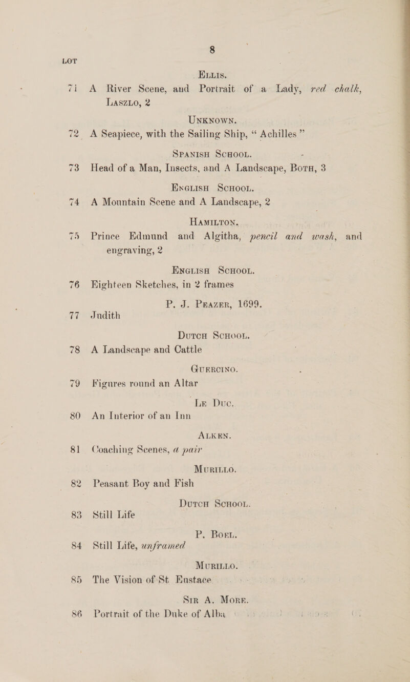 17 78 80 8] 83 84 86 8 ELIs. Laszo, 2 UNKNOWN. A Seapiece, with the Sailing Ship, “ Achilles ” Head of a Man, Insects, and A Landscape, Bora, 3 ENGLisH SCHOOL. A Mountain Scene and A Landscape, 2 HAMILTON. engraving, 2 P. J. Prazer, 1699. Judith A Landscape and Cattle (GUERCINO. Figures round an Altar Lae Dic: An Interior of an Inn ALKEN, Coaching Scenes, @ pair Muri.1o. Peasant Boy and Fish Still Life P. Bort. Still Life, unframed MuRILLO. The Vision of St Eustace Sin A. Morr. Portrait of the Duke of Alba and 