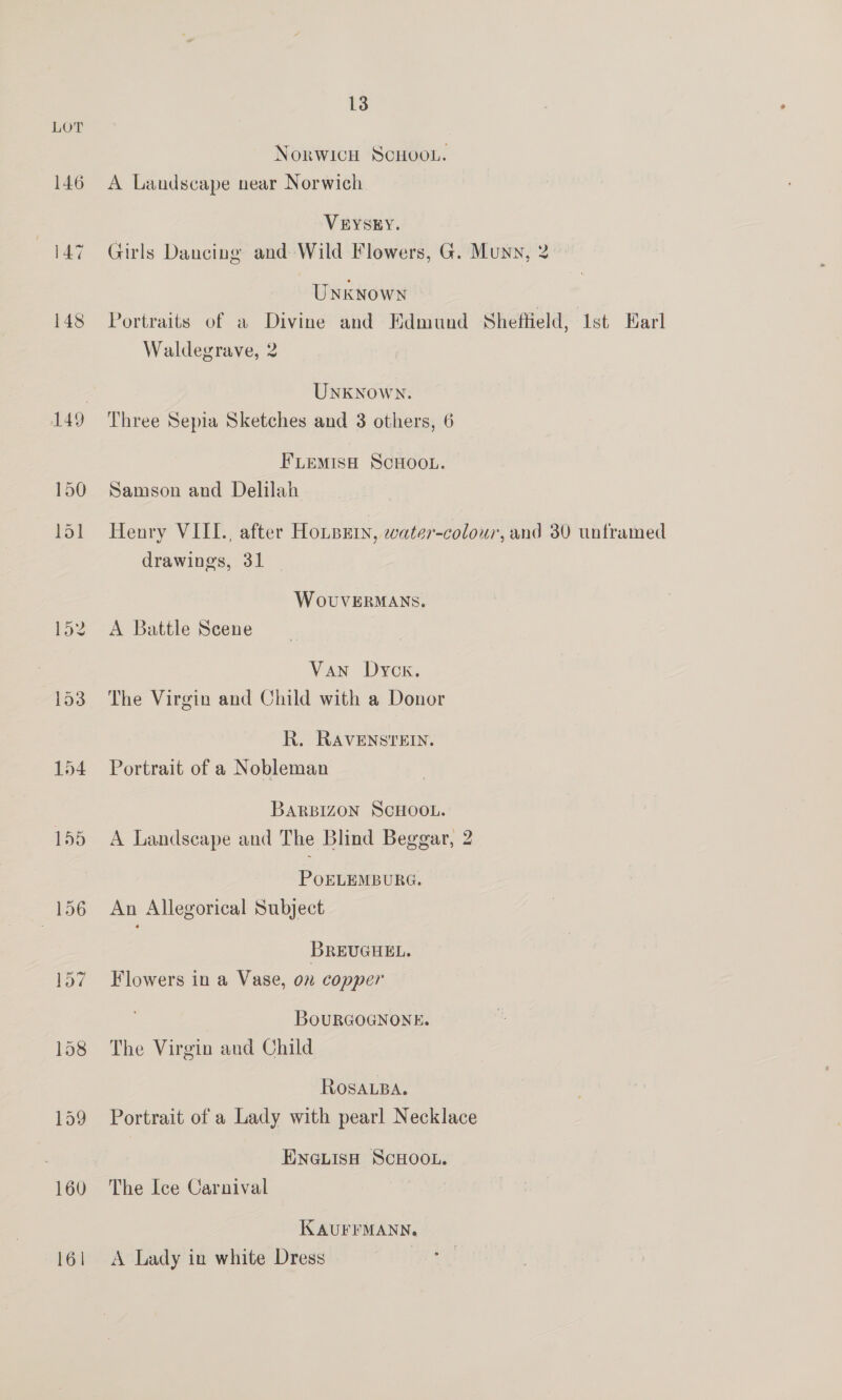 146 13 Norwich ScHoou. A Landscape near Norwich VEYSEY. Girls Dancing and Wild Flowers, G. Munn, 2 UNKNOWN Portraits of a Divine and Edmund Sheffield, Ist Earl Waldegrave, 2 UNKNowN. Three Sepia Sketches and 3 others, 6 FLEemMIsH SCHOOL. Samson and Delilah Henry VIIL., after HoLpery, ewater-colour, and 30 unframed drawings, 31 WoUVERMANS. A Battle Scene Van Dyck. The Virgin and Child with a Donor R. RAVENSTEIN. Portrait of a Nobleman BARBIZON SCHOOL. A Landscape and The Blind Beggar, 2 POELEMBURG. An Allegorical Subject BREUGHEL. Flowers in a Vase, on copper BouURGOGNONE. The Virgin and Child ROsALBA. Portrait of a Lady with pearl Necklace ENGLISH SCHOOL. The Ice Carnival KAUFFMANN. A Lady in white Dress