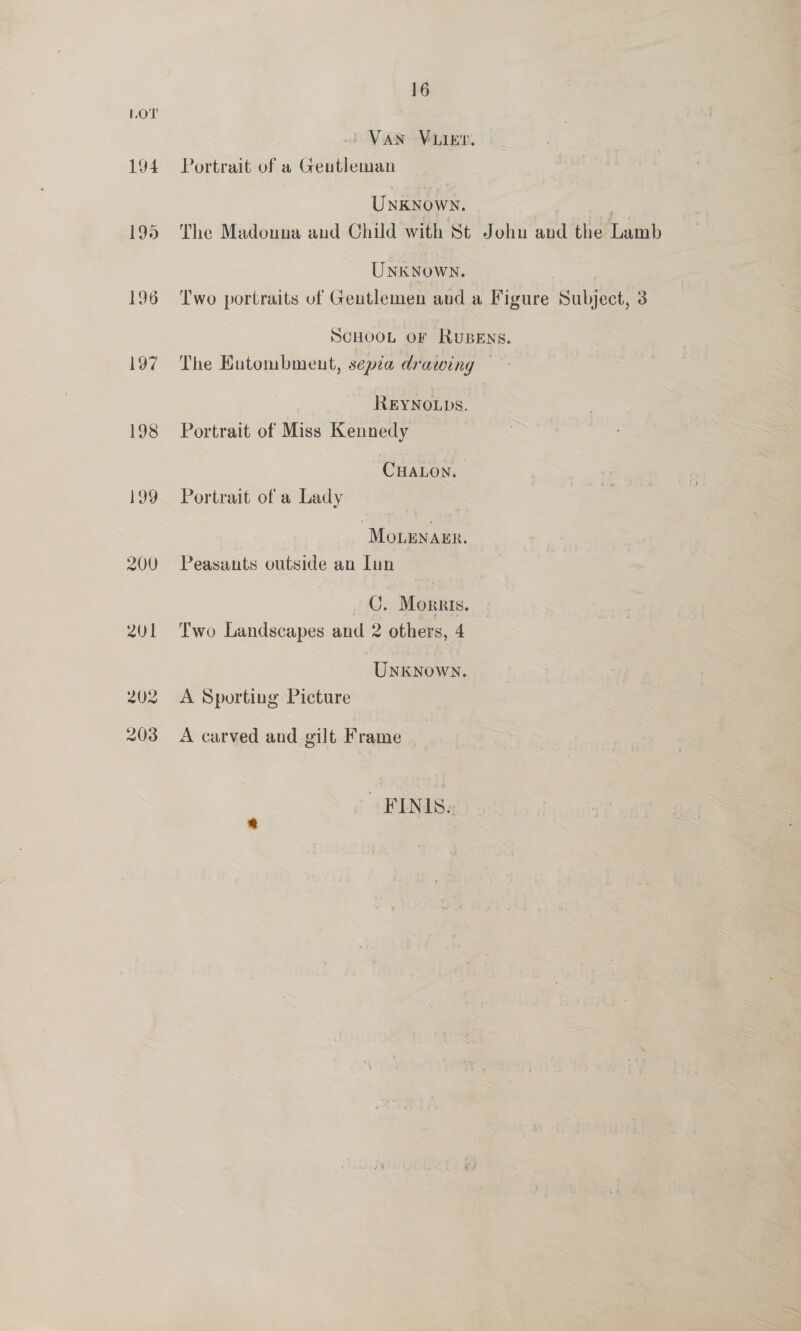 LO’ 194 202 203 16 Van Vier. Portrait of a Gentleman Unknown. : , The Madonna and Child with St John and the Lamb UNKNoWN. Two portraits of Gentlemen aud a Figure Subject, 3 SCHOOL OF RUBENS. The Eutombment, sepia drawing REYNOLDS. Portrait of Miss Kennedy CHALON. Portrait of a Lady MOoOLENAER. Peasants outside an Lun C. Morris. Two Landscapes and 2 others, 4 Unknown. A Sporting Picture A carved and gilt Frame FINIS.: