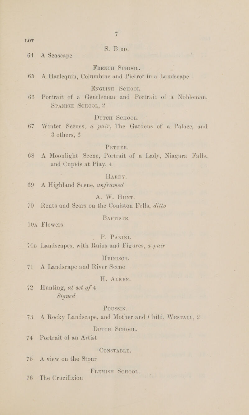 ~1 LOT S. Brrp. 64 A Seascape FRENCH SCHOOL. 65 A Harlequin, Columbine and Pierrot in a Landscape | ENGLISH SCHOOL. 66 Portrait of a Gentleman and Portrait of a. Nobleman, SPANISH SCHOOL, 2 DurcH ScHoo.. 67 Winter Scenes, a pazr, The Gardens of a Palace, and 3 others, 6 PETHER. 68 A Moonlight Scene, Portrait of a Lady, Niagara Falls, and Cupids at Play, 4 HARDY. 69 A Highland Scene, unframed A. W. Hunt. 70 Rents and Scars on the Coniston Fells, ditto BAPTISTE. 70A Flowers P. PANrInt. 70B Landscapes, with Ruins and Figures, @ pair HEINISCH. 71 <A Landscape and River Scene H. ALKEN. 72 Hunting, at set of 4 Signed POUSSIN. 73 A Rocky Landscape, and Mother and Child, Wrsratt, 2. DurcH SCHOOL. 74 Portrait of an Artist ‘CONSTABLE. 75 A view on the Stour FLEMISH SCHOOL. 76 The Crucifixion