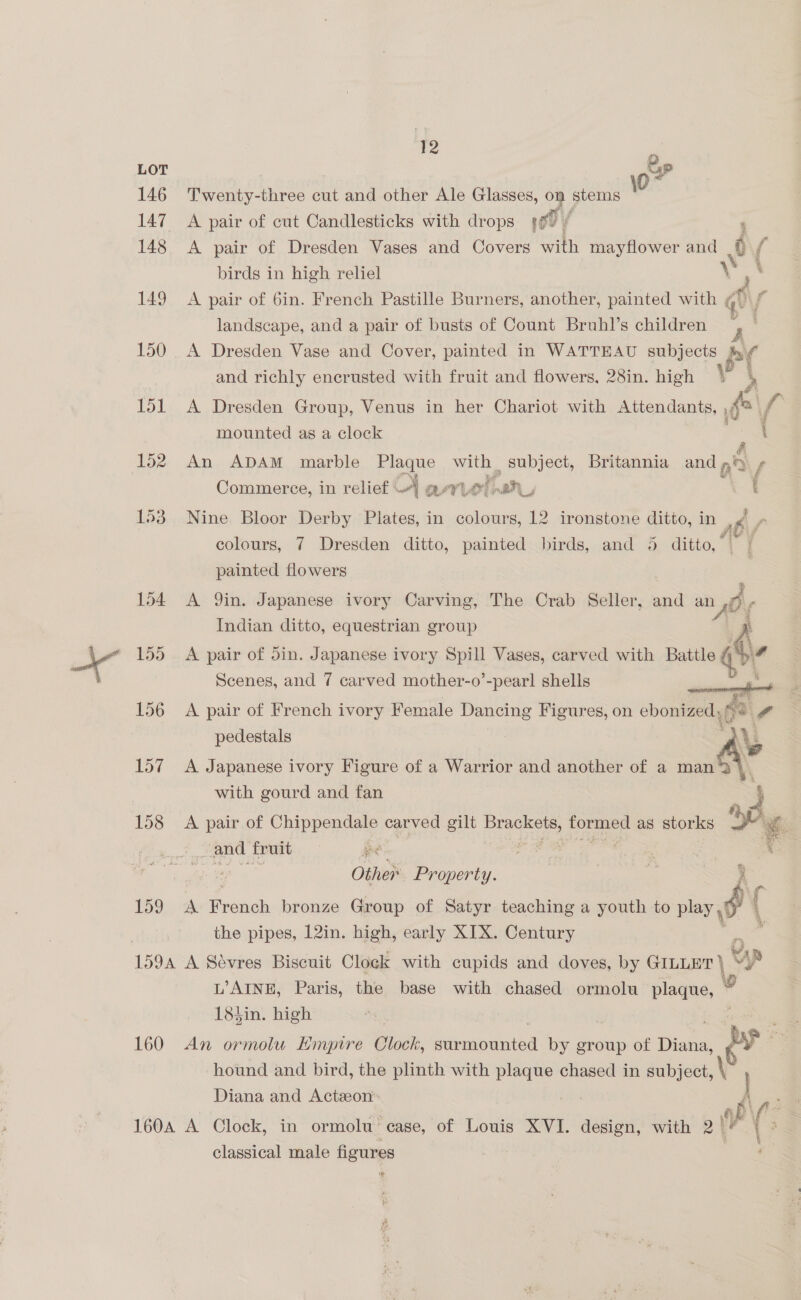 LOT op 146 Twenty-three cut and other Ale Glasses, on stems \0 147 A pair of cut Candlesticks with drops oo / ' 148 A pair of Dresden Vases and Covers with mayflower and © / birds in high reliel \ F ‘ 149 A pair of 6in. French Pastille Burners, another, painted with Al f landscape, and a pair of busts of Count Bruhl’s children ’ 150 A Dresden Vase and Cover, painted in WATTEAU subjects bil’ and richly encrusted with fruit and flowers, 28in. high Y .. 151 A Dresden Group, Venus in her Chariot with Attendants, fe v4 | mounted as a clock ae A 152. An ADAM marble Plaque ae? subject, Britannia and 9 f Commerce, in relief oT eer ay a. p f 153 Nine Bloor Derby Plates, in oe 12 ironstone ditto, in ,¢i > colours, 7 Dresden ditto, painted birds, and 5 ditto, ~ f painted flowers | 154 A Qin. Japanese ivory Carving, The Crab Seller, and an Fay Meee ‘ yo Indian ditto, equestrian group 155 A pair of din. Japanese ivory Spill Vases, carved with Battle wide Scenes, and 7 carved mother-o’-pearl shells nay - al 156 A pair of French ivory Female Dancing Figures, on ebonized,* # pedestals \y 157 A Japanese ivory Figure of a Warrior and another of a a. \ with gourd and fan 3 158 A pair of Chippendale ote gilt MERCK ae as storks a0 ¥ ‘ and fruit Pa ar : Be i Other Property. iv 5 : P59); A iehen bronze Group of Satyr teaching a youth to _ ‘ the pipes, 12in. high, early XIX. Century 159a A Sévres Biscuit Clock with cupids and doves, by GILLET ) | YW L’AINE, Paris, the base with chased ormolu plaque, 9 184in. high 160 An ormolu Empire Clock, surmounted by group of Diana, hound and bird, the plinth with prey chased in subject, \ Diana and Actzon } : 1604 A Clock, in ormolu case, of Louis XVI. design, with 2 iv (': classical male figures ip