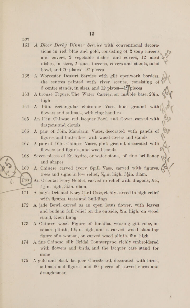 LOT 161 A Bloor Derby Dinner Service with conventional decora- tions in red, blue and gold, consisting of 2 soup tureens iy and covers, 2 vegetable dishes and covers, 12 meat yr dishes, in sizes, 2 sauce tureens, covers and stands, salad v bowl, and 70 tates “or pieces . 162 A Worcester Dessert Service with gilt openwork borders, \)¢ the centres painted with river scenes, consisting of \f \ ) centre stands, in sizes, and 12 plates—1 pieces f 163 A bronze Figure, The Water Carrier, on mable base, 23in. ¢ \ high ne 164 A Ib6in. rectangular cloisonné Vase, blue ground with” jg Vln 8  flowers and animals, with ring handles a. — p , ; Ue 165 An Ilin. Chinese red lacquer Bowl and Cover, earved with 4 dragons and clouds + 166 A pair of 36in. Mandarin Vases, decorated with panels of Ry % figures and butterflies, with wood covers and stands \\ 4 167 A pair of 1l6in. Chinese Vases, pink ground, decorated with ‘a flowers and figures, and wood stands ay { c™ 168 Seven pieces of En-hydro, or water-stone, of fine brilliancy WwW a tat  Vp , and shapes A y y \? 169 A Chinese carved ivory Spill Vase, carved with figures, yy \/ 1D ane signs in low relief, ns Bigh, ae diam. 7 Alin. high, 34in. eee — 171 A lady’s Oriental ivory Card Case, richly carved in high relief with figures, trees and buildings 172 A jade Bowl, carved as an open lotus flower, with leaves and buds in full relief on the outside, 2in. high, on wood stand, Kien Lung 173. A Chinese wood Figure of Buddha, wearing gilt robe, on square plinth, 10$in. high, and a carved wood standing figure of a woman, on carved wood plinth, 6in. high 174 A fine Chinese silk Bridal Counterpane, richly embroidered with flowers and birds, and the lacquer case stand for same 175 <A gold and black lacquer Chessboard, decorated with birds, animals and figures, and 60 pieces of carved chess and draughtsman