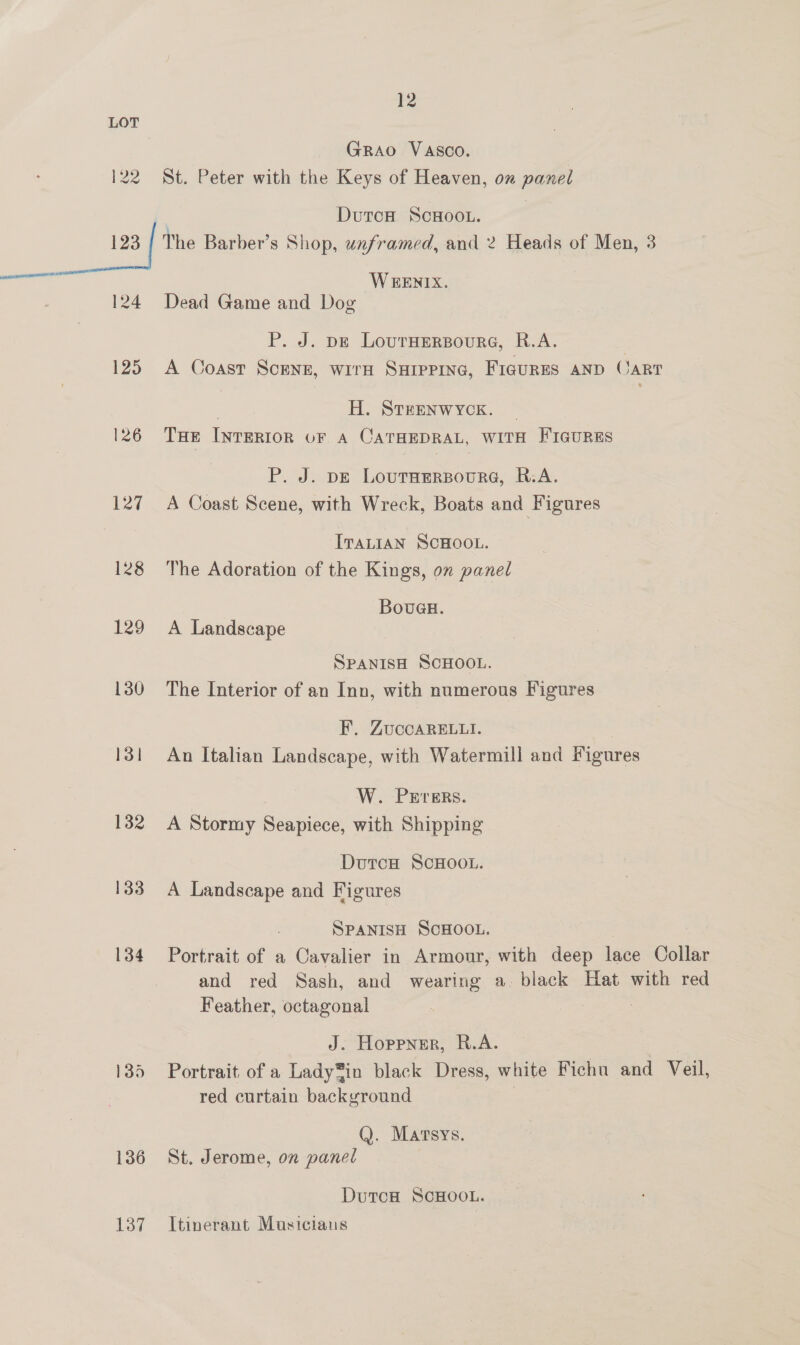 122 12 Grao Vasco. St. Peter with the Keys of Heaven, om panel DutcH ScHOOL. 124 125 126 127 128 129 130 131 132 133 134 135 136 137 WEENIX. Dead Game and Dog P. J. pe LourHErBourg, R.A. A Coast ScENE, wirH SHIPPING, FiaURES AND CART | H. STRENWYCK. | THE INTERIOR OF A CATHEDRAL, WITH FIGURES P. J. pe Loutaerpoure, R.A. A Coast Scene, with Wreck, Boats and Figures ITALIAN SCHOOL. The Adoration of the Kings, on panel Bouau. A Landscape SPANISH SCHOOL. The Interior of an Inn, with numerous Figures F, ZuccaReE.Ltti. An Italian Landscape, with Watermill and Figures W. Prerers. A Stormy Seapiece, with Shipping DutcH ScHOOL. A Landscape and Figures SPANISH SCHOOL. Portrait of a Cavalier in Armour, with deep lace Collar and red Sash, and wearing a. black Hat with red Feather, octagonal J. Hoppner, R.A. Portrait of a LadySin black Dress, white Fichu and Veil, red curtain backvround Q. Marsys. St. Jerome, on panel DutcH SCHOOL. Itinerant Musiciaus