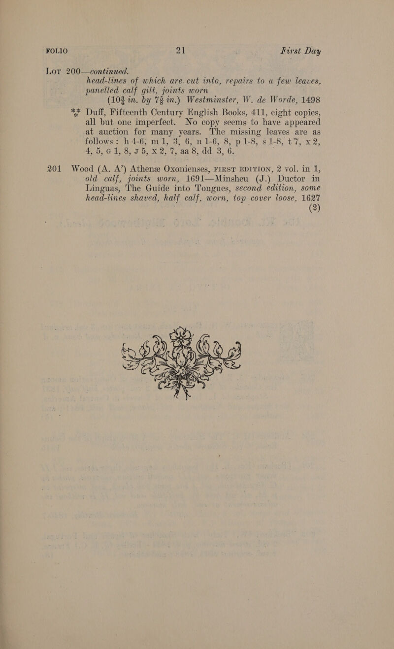 Lor 200—continued. head-lines of which are. cut into, repairs to a few leaves, panelled calf gilt, joints worn (102 in. by 78 in.) Westminster, W. de Worde, 1498 ** Duff, Fifteenth Century English Books, 411, eight copies, all but one imperfect. No copy seems to have appeared at auction for many years. The missing leaves are as follows: h4-6, m1, 3, 6, n1-6, 8, p 1-8, s1-8, t'7, x 2, 40,6 1,°8) 3 0X 2,4, 499, dd, 3, G, . 201 Wood (A. A’) Athene Oxonienses, FIRST EDITION, 2 vol. in 1, old calf, jowts worn, 1691—Minsheu (J.) Ductor in Linguas, The Guide into Tongues, second edition, some head-lines shaved, half calf, worn, top cover loose, 1627 (2) 
