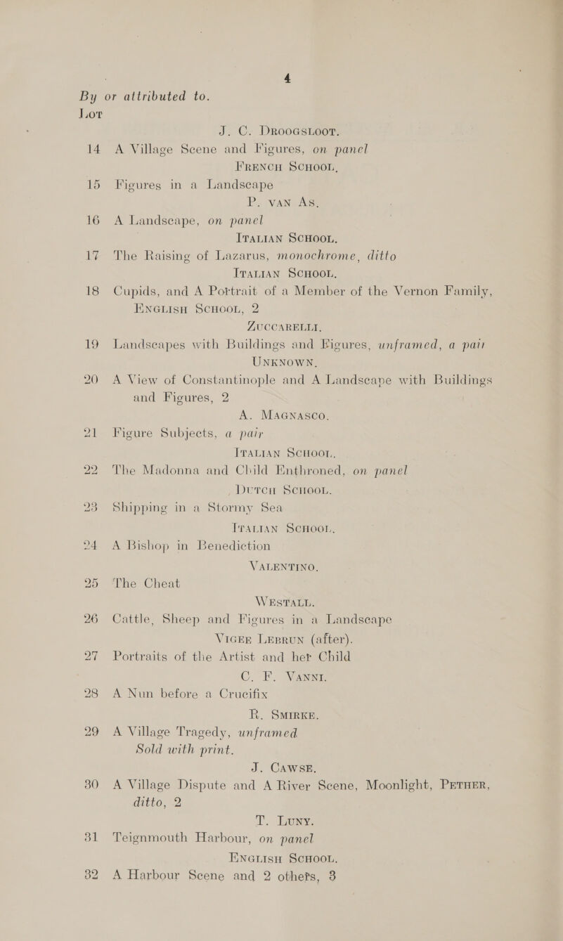 Lor 14 16 17 18 30 J. C. DrooGstoort. A Village Scene and Figures, on panel FRENCH SCHOOL, Figures in a Landscape P.. VAN Ags A Landscape, on panel | ITALIAN SCHOOL, The Raising of Lazarus, monochrome, ditto ITaniaAN SCHOOL, Cupids, and A Portrait of a Member of the Vernon Family, ENGLIsH SCHOOL, 2 ZUCCARELLI, Landseapes with Buildings and Figures, unframed, a pair UNKNOWN. A View of Constantinople and A Landscape with Buildings and Figures, 2 A. MAGNASCO. Figure Subjects, a pair ITALIAN SCHOOL. The Madonna and Child Fnthroned, on panel , Dutci SCHOOL. Shipping in a Stormy Sea TvaLian SCHOOL. A Bishop in Benediction VALENTINO. The Cheat WESTALL. Cattle, Sheep and Figures in a Landscape VIGEE LEBRUN (after). Portraits of the Artist and her Child C. F. VANNTt. A Nun before a Crucifix R. SMIRKE. A Village Tragedy, unframed Sold with print. J. CAWSE. A Village Dispute and A River Scene, Moonlight, PETHER, Ato, 2 I, Tagine Teignmouth Harbour, on panel ENGLisH SCHOOL.