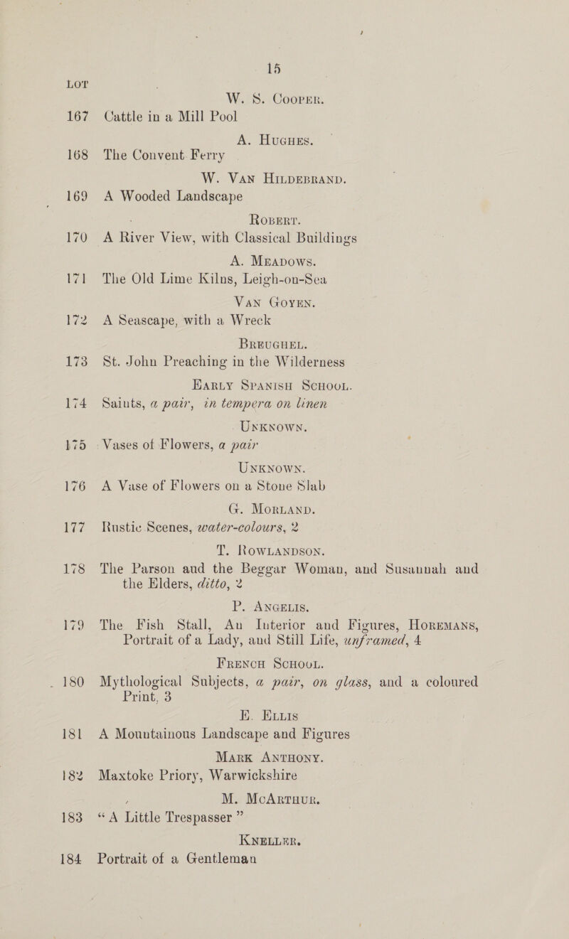 179 W. S. Cooper. Cattle in a Mill Pool A. HuGuHeEs. The Convent. Ferry W. Van Hivpepranp. A Wooded Landscape ROBERT. A River View, with Classical Buildings A. Mrapows. The Old Lime Kilns, Leigh-on-Sea Van GOYEN. A Seascape, with a Wreck BREUGHEL. St. John Preaching in the Wilderness HARLY SPANISH ScHOOL. Saints, @ pair, in tempera on linen Uxknown. Unknown. A Vase of Flowers on a Stone Slab G. Morianp. Rustic Scenes, water-colours, 2 T. ROWLANDSON. The Parson aud the Beggar Woman, and Susannah and the Elders, ditto, 2 P. ANGELIS. The Fish Stall, Au Interior and Figures, Horemans, Portrait of a Lady, and Still Life, wxframed, 4 FRENCH SCHOOL. Mythological Subjects, @ pair, on glass, and a coloured Printo3 Ki. Exits A Mountainous Landscape and Figures Mark ANTHONY. Maxtoke Priory, Warwickshire M. McArruur, “A Little Trespasser ” KNELLER. Portrait of a Gentleman