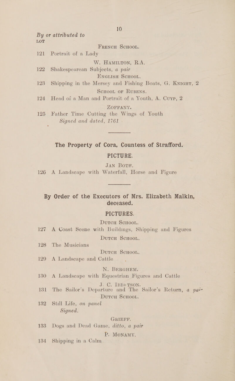 By or attributed to LOT FRENCH SCHOOL. 121 Portrait of a Lady W. HAMILTON, R.A. 122 Shakespearean Subjects, a pair ENGLISH SCHOOL. 123 Shipping in the Mersey and Fishing Boats, G. Kyienut, 2 SCHOOL OF RUBENS. 124 Head ot a Man and Portrait of a Youth, A. Cuyp, 2 ZOFFANY. 125 Father Time Cutting the Wings of Youth Signed and dated, 1761 - The Property of Cora, Countess of Strafford. PICTURE. JAN BOTH. 126 A Landscape with Waterfall, Horse and Figure By Order of the Executors of Mrs. Elizabeth Malkin, deceased. PICTURES. Dutcu ScHoou. 127 A Coast Scene with Buildings, Shipping and Figures Dutcu ScHOOL. 128 The Musicians DutcH ScHoon. 129 A Landscape and Cattle N. BERGHEM. 1380 A Landseape with Equestrian Figures and Cattle J. C. IBBhTSON. 181 The Sailor’s Departure and The Sailor’s Return, a vai~ Dutcu SCHOOL. 1382 Still Life, on panel Signed. GRIEFF. 183 Dogs and Dead Game, ditto, a pair P. Monamy, 134 Shipping in a Calm