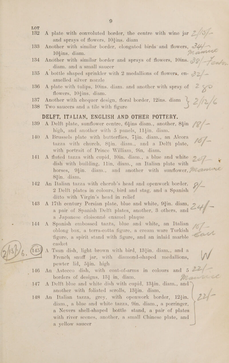 LOT 132 A plate with convoluted border, the centre with wine jar /. and sprays of flowers, 104ins. diam . 1383 Another with similar border, elongated birds’ and flowers, a Zb/ : 104ins. diam. Panne 134 Another with similar border and sprays of flowers, 10ins. oF _ diam. and a small saucer : 1385 &lt;A bottle shaped sprinkler with 2 medallions of flowers, en- .* &gt; amelled silver nozzle 136 A plate with tulips, 10ins. diam. and another with spray of 2 Ww flowers, 10+ins. diam. 187 Another with chequer design, floral border, 12ins. diam t ) ffs 1388 Two saucers and a tile with figure we eee DELFT, ITALIAN, ENGLISH AND OTHER POTTERY. 139 _A Delft plate, sunflower centre, 6$ins diam., another, 8jin / high, and another with 5 panels, 114in. diam. | 140 A Brussels plate with butterflies, 74in. diam., an Alcora , y-y tazza with church; 8hin. diam., anda Delft plate, “7f ~ with portrait of Prince William, 9in. diam. 141 A fluted tazza with cupid, 10m. diam., a blue and white # Us7 dish with building, llin. diam., an Italian plate with Se horses, Q9¢in. diam., and another with sunflower, pAceceorrr 83in. diam. 7 142) An Italian tazza with cherub’s head and openwork border, Si 2 Delft plates in colours, bird and stag, and a Spanish / ditto with Virgin’s head in relief 143 A 17th century Persian plate, blue and white, 9$in. diam, a pair of Spanish “Delft plates, another, 8 others, and TE a Japanese cloisonné enamel plaque 7 - 144 A Spanish embossed tazza, blue and white, an Italian oblong box, a terra-cotta figure, a cream ware Turkish ; figure, a spirit stand with figure, and an inlaid marble toe casket d¥ A Tsun dish, light brown with bird, 184in. diam., and a i : f ; : aq | French snuff jar, with diamond-shaped medallions, AV  pewter lid, 54mm. high ; 146 An Astecco. dish, with coat-of-arms im ‘colours and 5 | borders of designs, 184 in, diam. Re 147 A Delft blue and white dish with cupid, 134in. diam., and” another with foliated scrolls, 184in. diam. } 148 An Italian tazza, grey, with openwork border, 12tin. \ Z a diam., a blue and white tazza, 9in. diam., a porringer, a Nevers shell-shaped bottle stand, a pair of plates with river scenes, another, a small Chinese plate, and a yellow saucer es oe