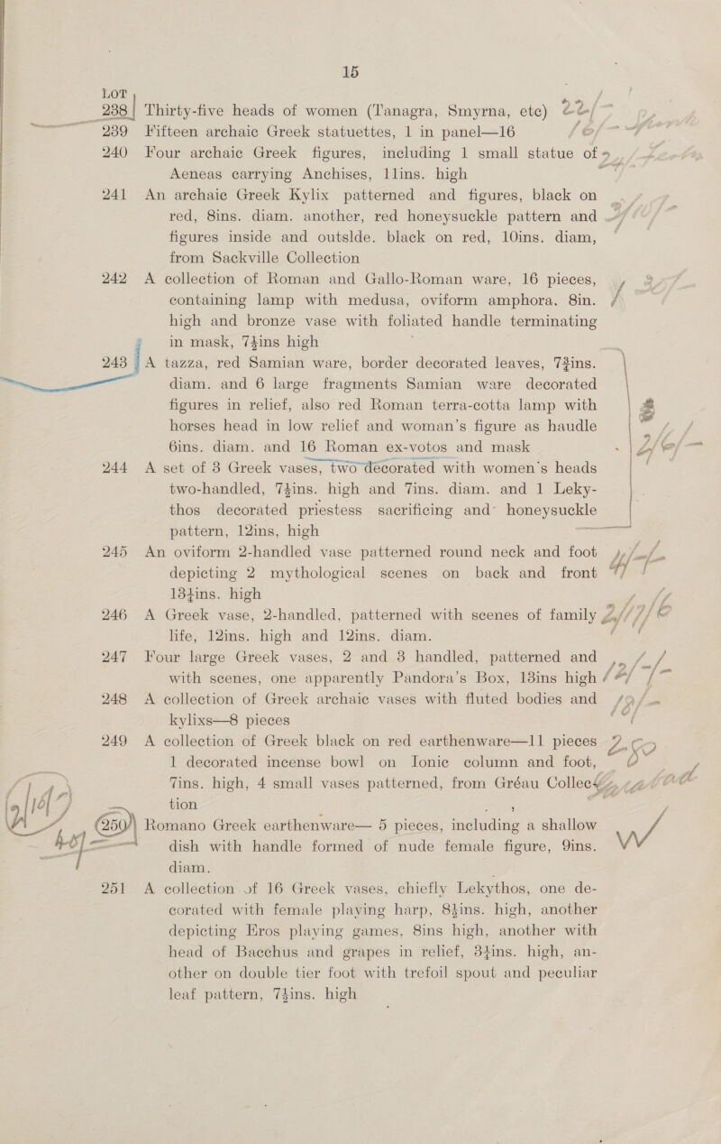 LOT _238 | Thirty-five heads of women (Tanagra, Smyrna, etc) 239 Fifteen archaic Greek statuettes, 1 in panel—16 240 Four archaic Greek figures, including 1 small statue of &gt;. , Aeneas carrying Anchises, llins. high J 241 An archaie Greek Kylix patterned and figures, black on ._ red, 8ins. diam. another, red honeysuckle pattern and Jt figures inside and outslde. black on red, 10ins. diam, from Sackville Collection | 242 &lt;A collection of Roman and Gallo-Roman ware, 16 pieces, containing lamp with medusa, oviform amphora, 8in. / high and bronze vase with foliated handle terminating » in mask, 74ins high | 243 A tazza, red Samian ware, border decorated leaves, 72ins. \ ag ee diam. and 6 large fragments Samian ware decorated | figures in rehef, also red Roman terra-cotta lamp with horses head in low relief and woman’s figure as haudle | 6ins. diam. and 16 Roman ex-votos and mask ‘= w44 “A ‘set of 3 Greek vases, two decorated with women’s heads two-handled, 74ins. high and Vins. diam. and 1 Leky- thos decorated priestess sacrificing and honeysuckle pattern, 12ins, high “eee. 245 An oviform 2-handled vase patterned round neck and foot inl depicting 2 mythological scenes on back and _ front 7 J 13tins. high IIE EEE a ee ee eT ty Ws 246 &lt;A Greek vase, 2-handled, patterned with scenes of family J ys ff jf © life, 12ins. high and &lt;2 diam. * 247 Four large Greek vases, 2 and 3 handled, patterned and /2/ /-/ with scenes, one apparently Pandora’s Box, 18ins high ¢ | Ae” 248 A collection of Greek archaic vases with fluted bodies and kylixs—8 pieces 249 A collection of Greek black on red earthenware—11 pieces 2 g 5 1 decorated incense bowl on Ionic column and foot, A i \ Tins. high, 4 small vases patterned, from Gréau Collec (7 tion / / Romano Greek earthenware— 5 pleces, se data a Shallow ee dish with handle formed of nude female figure, Qins. diam. 251 &lt;A collection of 16 Greek vases, chiefly Lekythos, one de- corated with female plaving harp, 84ins. high, another depicting Eros playing games, 8ins high, another with head of Bacchus and grapes in relief, 34ins. high, an- other on double tier foot with trefoil spout and peculiar leaf pattern, 74ins. high ‘eS ¢ Ca, kone ey St | Poseireoreai™