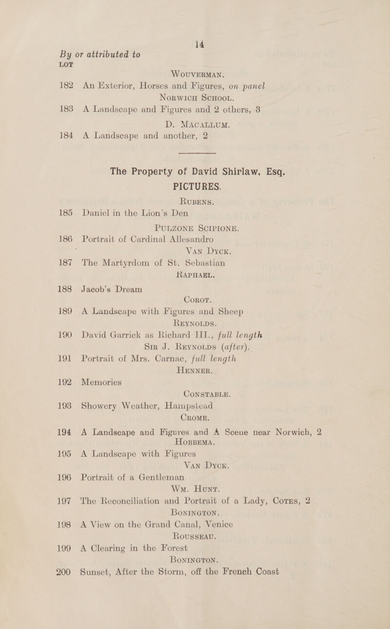 LOT 182 183 184 185 187 188 189 190 LOL 192 193 194 195 196 ro 198 199 200 W OUVERMAN. An Exterior, Horses and Figures, on panel Norwicu ScHoou. A Landscape and Figures and 2 others, 3 D. MACALLUM. A Landscape and another, 2 The Property of David Shirlaw, Esa. PICTURES. RUBENS. Daniel in the Lion’s Den PULZONE SCIPIONE. Portrait of Cardinal Allesandro Van Dyck. The Martyrdom of St. Sebastian MtAPHAEL. Jacob's Dream Coror. A Landscape with Figures and Sheep REYNOLDS. David Garrick ag Richard III., full length Sir J. Reynoups (after). Portrait of Mrs. Carnac, full length HENNER. Memories CONSTABLE. Showery Weather, Hampstead CROME. A Landscape and Figures and A Scene near Norwich, 2 HospBEMA. A Landscape with Figures Van Dyck. Portrait of a Gentleman Wan. Honr. The Reconciliation and Portrait of a Lady, Corss, 2 BONINGTON. A View on the Grand Canal, Venice RoussEAv. A Clearing in the Forest BoNINGTON. Sunset, After the Storm, off the French Coast