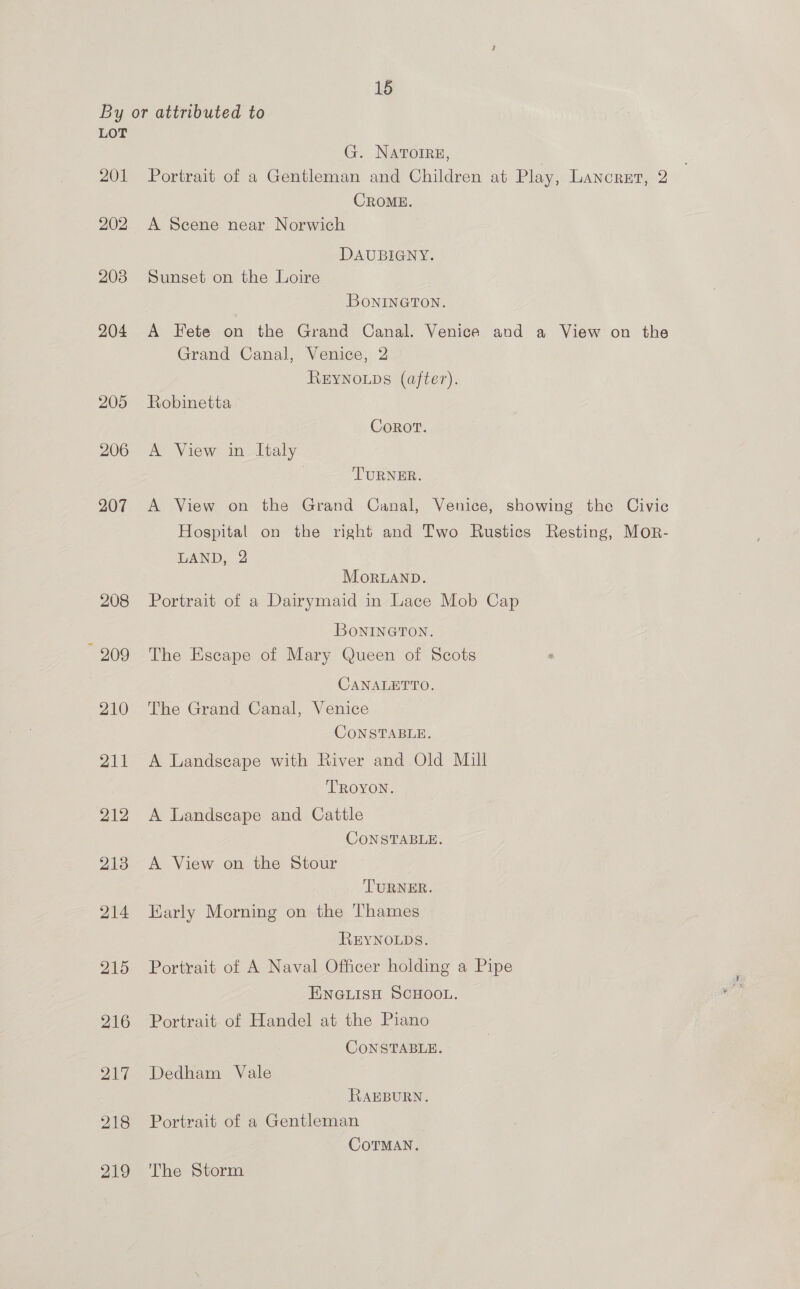LOT 201 202 203 204 205 206 207 208 209 210 211 212 213 214 215 216 217 218 219 G. NAToIRE, Portrait of a Gentleman and Children at Play, Lancrert, 2 CROME. A Scene near Norwich DAUBIGNY. Sunset on the Loire BoNINGTON. A Fete on the Grand Canal. Venice and a View on the Grand Canal, Venice, 2 REYNOLDS (after). Robinetta Corot. A View in Italy TURNER. A View on the Grand Canal, Venice, showing the Civic Hospital on the right and Two Rustics Resting, MorR- LAND, 2 MoRLAND. Portrait of a Dairymaid in Lace Mob Cap BONINGTON. The Escape of Mary Queen of Scots CANALETTO. The Grand Canal, Venice CoNSTABLE. A Landseape with River and Old Mill TROYON. A Landscape and Cattle CONSTABLE. A View on the Stour TURNER. Early Morning on the Thames REYNOLDS. Portrait of A Naval Officer holding a Pipe ENGLISH SCHOOL. Portrait of Handel at the Piano CONSTABLE. Dedham Vale RAEBURN. Portrait of a Gentleman CoTMAN. The Storm