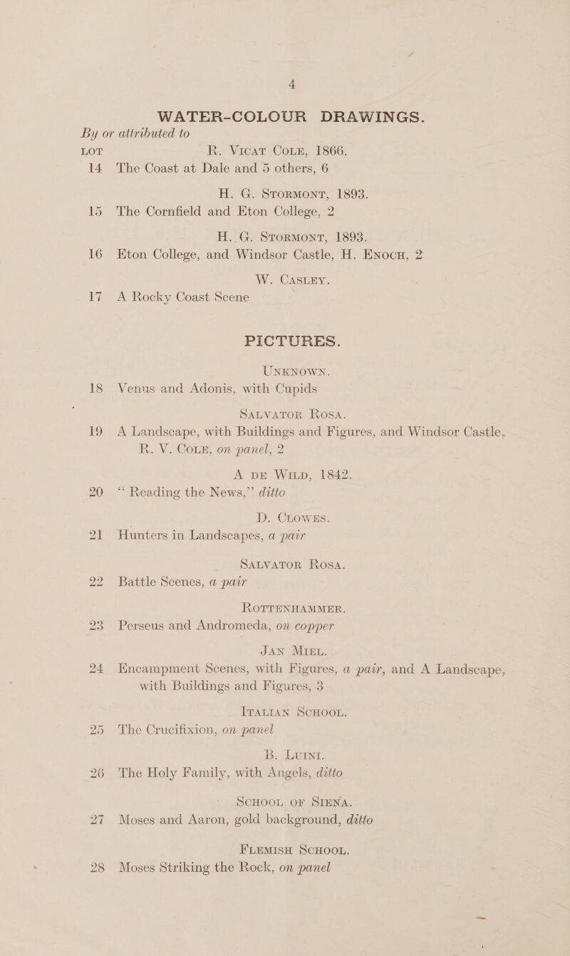 WATER-COLOUR DRAWINGS. By or attributed to LOT . R. Vicat Coun, 1866. 14 The Coast at Dale and 5 others, 6 H. G. Stormont, 1893. 15 The Cornfield and Eton College, 2 H. G. Stormont, 1893. 16 Eton College, and Windsor Castle, H. Enocu, 2 W. CASLEY. 17 A Rocky Coast Scene . PICTURES. UNKNOWN. 18 Venus and Adonis, with Cupids SALVATOR Rosa. 19 A Landscape, with Buildings and Figures, and Windsor Castle, R. V. Coun, on panel, 2 A pe Wixp, 1842. 20 “* Reading the News,”’ ditto D. CLOWES. 21 Hunters in Landscapes, a pair SALVATOR Rosa. 22 Battle Scenes, a pair ROTTENHAMMER. 23 Perseus and Andromeda, on copper JAN MIE. ae 24 Encampment Scenes, with Figures, a pair, and A Landscape, with Buildings and Figures, 3 ITALIAN SCHOOL. 25 The Crucifixion, on panel B. Lunt. 26 The Holy Family, with Angels, ditto SCHOOL OF SIENA. 27 Moses and Aaron, gold background, ditto FLEMISH SCHOOL. 28 Moses Striking the Rock, on panel
