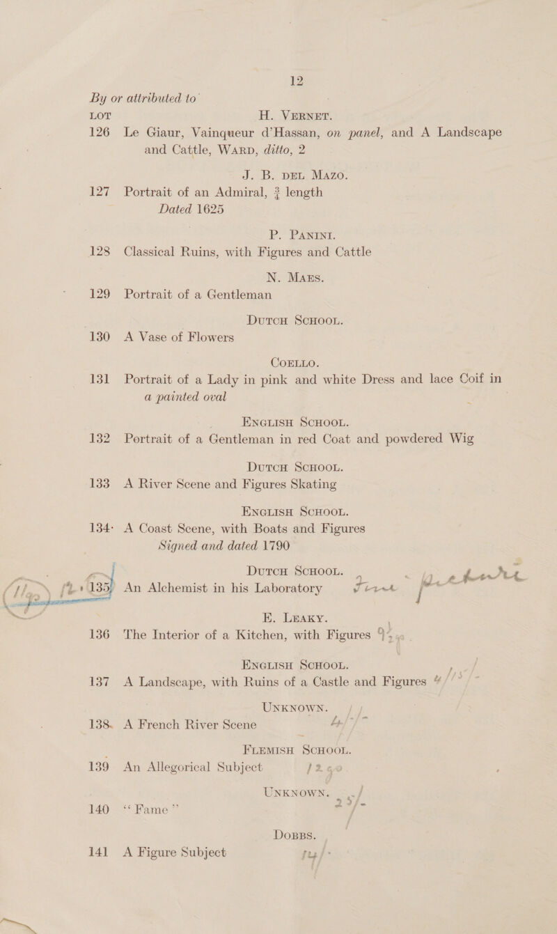 LOT 126 127 128 129 130 131 132 133  138. 139 140 14] H. VERNET. Le Giaur, Vainqueur d’Hassan, on panel, and A Landscape and Cattle, WARD, detto, 2 J. B. pet Mazo. Portrait of an Admiral, 3? length Dated 1625 P. PANINI. Classical Ruins, with Figures and Cattle N. MAEs. Portrait of a Gentleman DutcH SCHOOL. A Vase of Flowers COoELLO. Portrait of a Lady in pink and white Dress and lace Coif in a painted oval ENGLISH SCHOOL. Portrait of a Gentleman in red Coat and powdered Wig DutTcH SCHOOL. A River Scene and Figures Skating ENGLISH SCHOOL. Signed and dated 1790 oe _DurtcH SCHOOL. 2 oy ee pre, ra An Alchemist in his Laboratory vy eget / na EK. LEAKY. | The Interior of a Kitchen, with Figures 9+ ENGLISH SCHOOL. Pe A Landscape, with Ruins of a Castle and Figures “ UNKNOWN. : . ; f J = A French River Scene Se FLEMISH SCHOOL. An Allegorical Subject J2¢ UNKNOWN. “Fame 4) DOBBS. | A Figure Subject frp