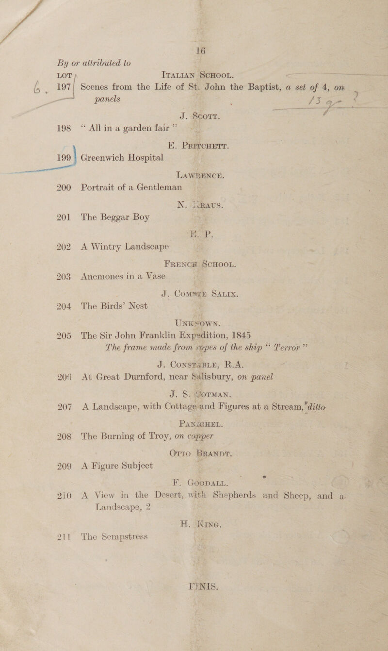 bo, eal 197 ames) 198 200 207 208 209 210 16 ITALIAN SCHOOL. J. SCOTT. “ All in a garden fair ” E. PRITCHETT. LAWRENCE. Portrait of a Gentleman N. sRAUS. The Beggar Boy A Wintry Landscape FRENCH SCHOOL. Anemones in a Vase . J. COMPEE SALIX. The Birds’ Nest UNKSOWN. The Sir John Franklin Expedition, 1845 The frame made from vopes of the ship “ Terror ” J. CONSTABLE, R.A. At Great Durnford, near Salisbury, on panel J. S:Gorman. A Landscape, with Cottage and Figures at a Stream, ditto PANIGHEL. The Burning of Troy, on cogper Orro BRANDT, A Figure Subject e EF. GOoDALL, Landscape, 2 H. Kine. The Sempstress PYNIS.