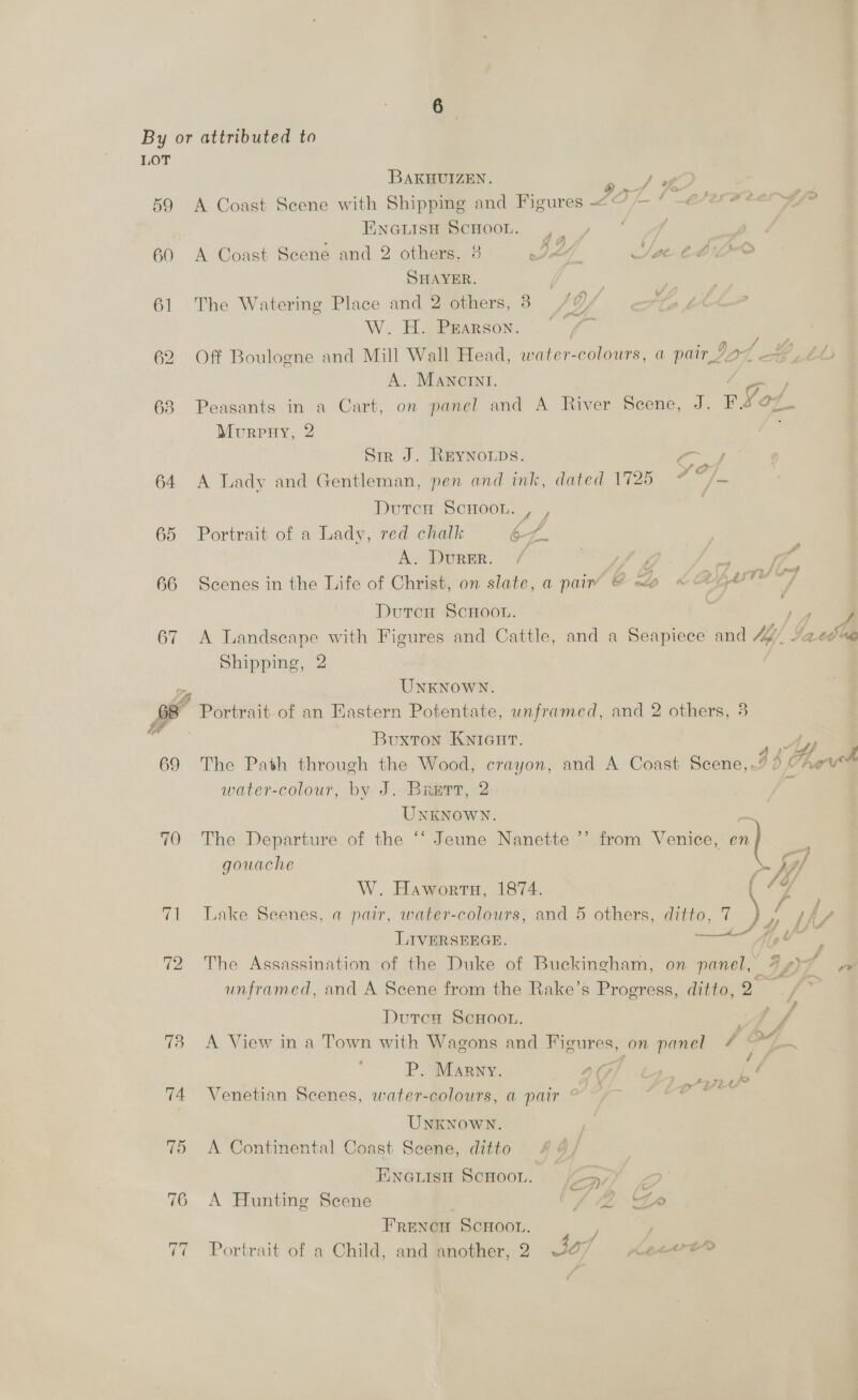 BAKHUIZEN. cred are - 59 A Coast Scene with Shipping and Figures <@/- ° -@/2° «er aye Eneiisu SCHOOL. , | gd 60 A Coast Scene and 2 others, 3 Ii Ste t-bi-eo SHAYER. an 61 The Watering Place and 2 others, 8 /2 ste V. H. Pearson. .° “7 ; 62 Off Boulogne and Mill Wall Head, water-colours, a pair 20 f A. MANcInt. “pe ; 68 Peasants in a Cart, on panel and A River Scene, J. F. TY Murpny, 2 Sir J. REYNOLDS. PEEP 64 A Lady and Gentleman, pen and ink, dated 1725 wig = Dutcnu ScHooL. , , 65 Portrait of a Lady, red chalk 124 ; A. Durer. / ‘ pete 3 66 Scenes in the Life of Christ, on slate, a pair @ <p <A 7 DutcH SCHOOL. z ; 67 A Landscape with Figures and Cattle, and a Seapiece and bf, Yatd de Shipping, 2 | bas UNKNOWN. 68 Portrait of an Eastern Potentate, unframed, and 2 others, 3 “ Buxton KniGcut. , Ae J 69 The Path through the Wood, crayon, and A Coast Scene,.9 0 VAev water-colour, by J. Brett, 2 : UNKNOWN. = 70 The Departure of the ‘“‘ Jeune Nanette ’’ from Venice, en = gouache ; ~ fa] W. Haworts, 1874. ( 7Y 71 Lake Scenes, a pair, water-colours, and 5 others, ditto, 7 ). her (hf LIVERSEEGE. —</ A 72 The Assassination of the Duke of Buckingham, on panel, ‘gy re unframed, and A Scene from the Rake’s Progress, ditto, a  - Dutcn Scnoon. Se / 73. A View in a Town with Wagons and psn on panel / Oo 7 P. Marny. AG — Ee 74 Venetian Scenes, water-colours, a pair © ee eee UNKNOWN. 75 A Continental Coast Scene, ditto Ewauisn ScHooL. Lay x 76 A Hunting Scene (4 42 Le FrRencn SCHOOL. ;
