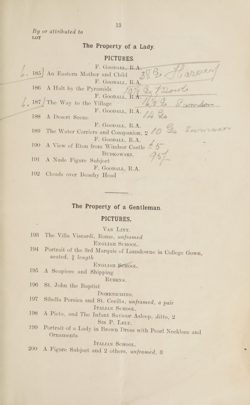 18 LOT 188 189 190 FOL p92 193 194 195 196 LOW 198 199 200 The Property of a Lady. PICTURES. BF’, GooDA tigated: F’. GooDAL, BM Es 186 A Halt by the Pyramids 4 Se o 7 2 Ce Ye. GoOoDALn, Bid i 9 Cr : jf 187 / The Way to the Village - Yi Curr hdrr F. Goopart AL AL &amp;, A Desert Scene 6 il F. Goopatu, R.A. The Water Carriers and Companion, é F. Goopati, R.A. pS A View of Eton from Windsor Castle 4 BuDKoWskI. Bs A Nude Figure Subject FP Goopanh, RA. Clouds over Beachy Head LNs) fs) The Property of a Gentleman. PICTURES. Van Lint. The Villa Viseardi, Rome, unframed ENGLisH ScHoou. Portrait be the 8rd Marquis of Lansdowne in College Gown, seated, 2 length ENGLISH SCHOOL. A Seapiece and Shipping RUBENS. St. John the Baptist DOoMENICHINO. Sibella Persica and St. Cecilia, unframed, a pair Iranian Scuoou. A Pieta, and The Infant Saviour Asleep, ditto, 2 bir P. Ley. Portrait of a Lady in Brown Dress with Pearl Necklace and Ornaments Ivautan Scuoon. A Figure Subject and 2 others, unframed, 8