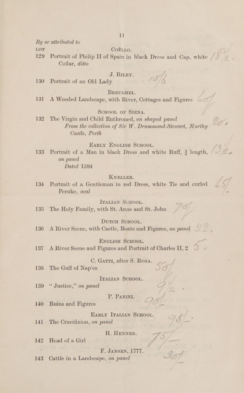 I} 130 131 132 133 134 135 136 137 138 139 142 143 CokELLO. Collar, ditto J. RiLty. Portrait of an Old Lady BREUGHEL. A Wooded Landscape, with River, Cottages and Figures SCHOOL OF SIENA. The Virgin and Child Enthroned, on shaped panel From the collection of Sir W. Drummond-Stewart, Murthy: Castle, Perth | HARLY ENGLISH SCHOOL. : Portrait of a Man in black Dress and white Ruff, 2? length, on panel ew, i eee eat Dated 1594 JC NELLER. Portrait of a Gentleman in red Dress, white Tie and curled Peruke, oval ITALIAN SCHOOL. The Holy Family, with St. Anne and St. John DutcH ScHoou. A River Scene, with Castle, Boats and Figures, on panel ENGLISH SCHOOL. A River Scene and Figures and Portrait of Charles I, 2 C. Gatti, after 8. Rosa. The Gulf of Nap’es ITALIAN SCHOOL. *“* Justice,” on panel ; P. Panint. wi Ruins and Figures | O en Harty ITALIAN SCHOOL. ay The Crucifixion, on panel | ie oS HENNER. eet Head of a Girl 3 F. Jansen, 1777. Cattle in a Landscape, on panel