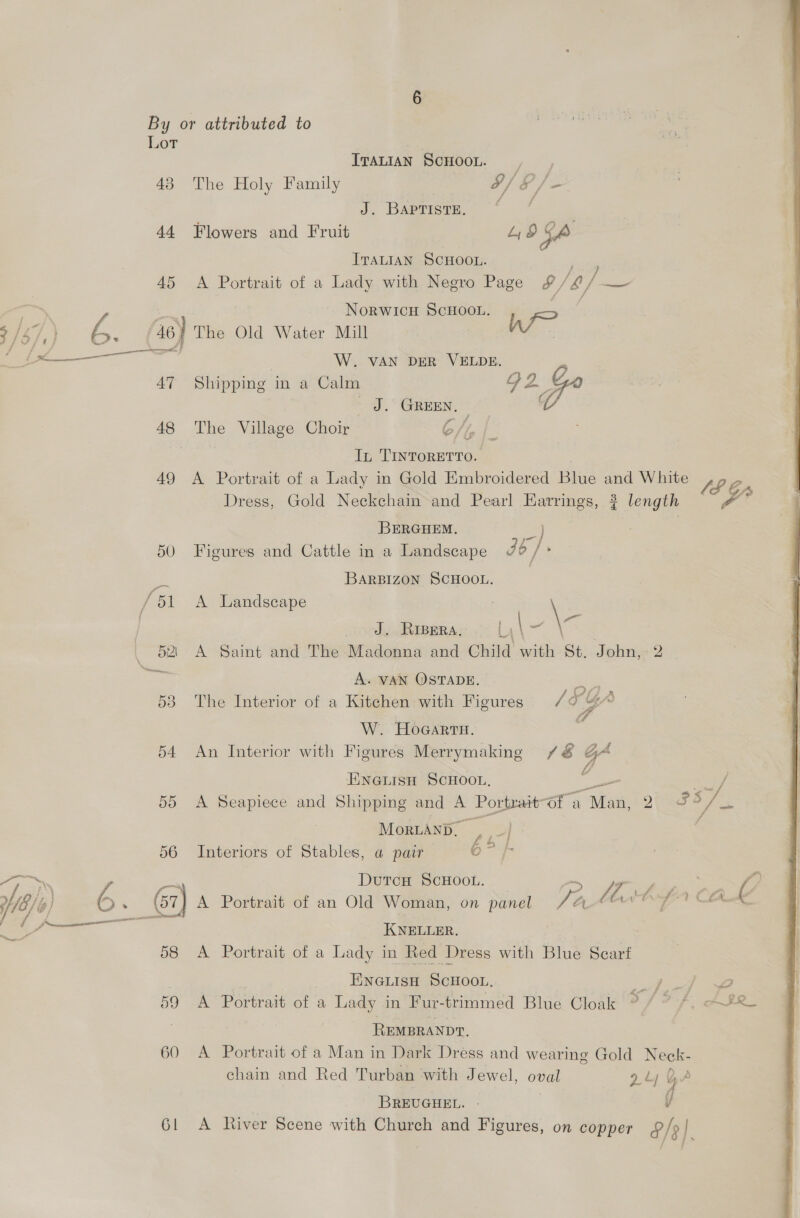 Lor ITALIAN SCHOOL. _ 43 The Holy Family I/ § /- J. Baptiste, ‘ / 44 Flowers and Fruit 4,98 SA ITALIAN SCHOOL. eee 45 A Portrait of a Lady with Negro Page 8/h/ ae NORWICH SCHOOL. 3/57, ) rs 46) The Old Water Mill es ae C—O” | W. VAN DER VELDE. . 47 Shipping in a Calm G2G _ J. GREEN, ‘he 48 The Village Choir GH, In TINTORETTO. 49 A Portrait of a Lady in Gold Embroidered Bis ae White PE Dress, Gold Neckchain and Pearl Earrings, ? length f° BERGHEM. es) | 50 Figures and Cattle in a Landscape do / , a BARBIZON se /51 &lt;A Landscape &amp; — _ Jd, Ripera. _ 621 A Saint and The Madonna and Child vith St; Johnie? | A. VAN OSTADE. ie 53 The Interior of a Kitchen with Figures (SGA W. Hocartu. 54 An Interior with Figures Merrymaking /&amp; a EINGLISH SCHOOL, 5D. ge Beabiqos and. Shayne and A Portrait: Of a tae 2 337, MoRLAND. i, | 56 Interiors of Stables, a pair E&gt;}. &lt;SRN | = DutcH SCHOOL. PE ee 18/0) os 67) A Portrait of an Old Woman, on panel Ta Mee, $0 CO. ¢ ~~ ‘eae _ KNELLER. 58 A Portrait of.a Lady in Red Dress with Blue Seart ENGLISH SCHOOL. 59 A Portrait of a Lady in Fur-trimmed Blue Cloak 9 / */, A&amp;@ | . REMBRANDT. 60 A Portrait of a Man in Dark Dress and wearing Gold Neck- chain and Red Turban with Jewel, oval oly ye BREUGHEL. 61 A River Scene with Church and Figures, on copper &amp;/s| 