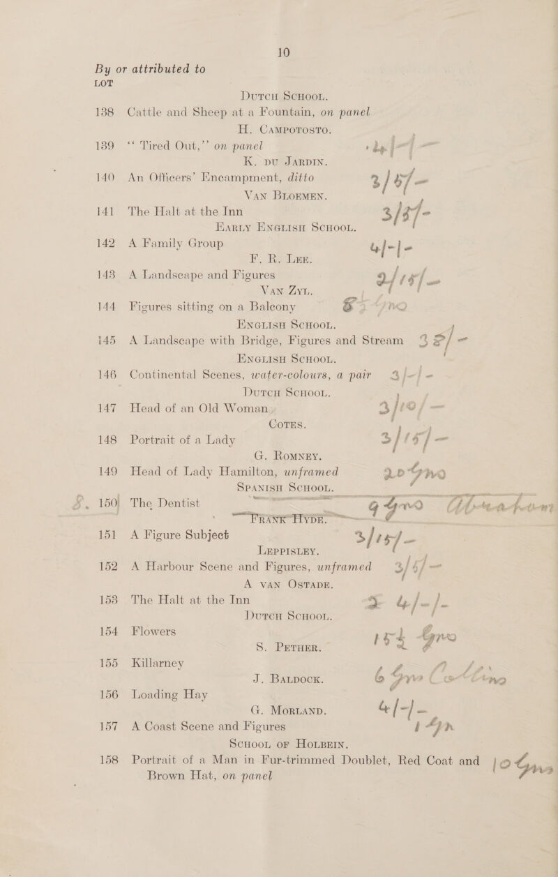 By or attributed to LOT : Dutcu SCHOOL. 1388 Cattle and Sheep at a Fountain, on panel H. CAMPOTOSsTO. 189 “ Tired Out,” on panel K. pu JARDIN. ; 140 An Officers’ Encampment, ditto 3/ ly Van BLOEMEN. , 141 The Halt at the Inn 3/37- Eariy ENneiisn SCHOOL. , 142 A Family Group G)-| as 143. A Landscape and Figures 4) fred. ; wry § ‘GZ 7 ee VAN Zyu. ( | SS 144 Figures sitting on a Baleony G ENGLISH SCHOOL. 145 A Landscape with Bridge, Figures and Stream © 3 #/ - ENGLISH SCHOOL. 146 Continental Scenes, water-colours, a pair Sj} = DutcH SCHOOL. , 147 Head of an Old Woman, 3/ ij — Cores. fre pecy 148 Portrait of a Lady 3/ f o/ = é e G. Romney. 149 Head of Lady Hamilton, unframed  SpANisH ScHoot. es a <- 150! The Tee a — co sisi diltieaasetnetaaiidilaan 77, oe 4 Pe ~ PRANE HYDE. a | 151 A Figure Subject %, 5/ ie 1 LEPPISLEY. 152 A Harbour Scene and Figures, unframed 3/6/— A vAN OSTADE. 1538 The Halt at the Inn 4. 7 yi Dutcn SCHOOL. iia 154 Flowers } ag Ean S. PETHER. — om 155 Wlharnmey. ,f O.- yhaes J. BaLpock. © Pre? oe *bing 156 Loading Hay Bs G. Moran. G/ ~ — 157 A Coast Scene and Figures i h ScHoout oF HompEIn. 158 Portrait of a Man in Fur-trimmed Doublet, Red Coat and log | i +9 Brown Hat, on panel