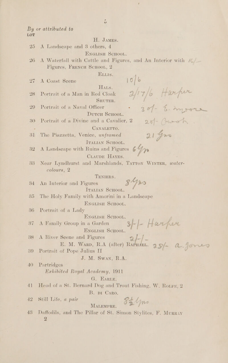 By or attributed to LOT H. JAMES. 25 A Landscape and 38 others, 4 ENGLISH SCHOOL. 26 A Waterfall with Cattle and Figures, and An Interior with /@ Figures, FRENCH SCHOOL, 2 ELLs. 27 A Coast Scene | 0 | b HALs. | ; 28 Portrait of a Man in Red Cloak DI 7/6 Ad haat SHUTER. | 29 Portrait of a Naval Officer . 20 { a Pini: wee Dutcn ScHooL. fair e 2 830 Portrait of a Divine and a Cavalier, 2 ) 4] het > CANALETTO. - 31 The Piazzetta, Venice, unframed | , HER ITALIAN SCHOOL. ; 3 32. A Landscape with Ruins and Figures € Y, ye CLAUDE HayEs. f 838 Near Lyndhurst and Marshlands, Tarron WINTER, water- colours, 2 TENIERS. 384 An Interior and Figures x 4 Ws Irautan Scooou. * 85 The Holy Family with Amorini in a Landscape ENGLISH SCHOOL. 386 Portrait of a Lady ENGLISH SCHOOL. | iv 387 A Family Group in a Garden 4 j- | = i} ert-AaMt ENGLISH SCHOOL. 38 <A liver Scene and Figures % is | a E. M. Warp, R.A (after) Ravaden. 9 pf. 89 Portrait of Pope Julius II | J. M. Swan, R.A. 40 Partridges Exhibited Royal Academy, 1911 G. Harte. 41 Head of a St. Bernard Dog and Trout Fishing, W. Rontrs, 2 B. opr Cano. 42 Still Life, a pair oe rs MALEMPRE. ale 43 Daffodils, and The Pillar of St. Simon Stylites, F. Murray 2