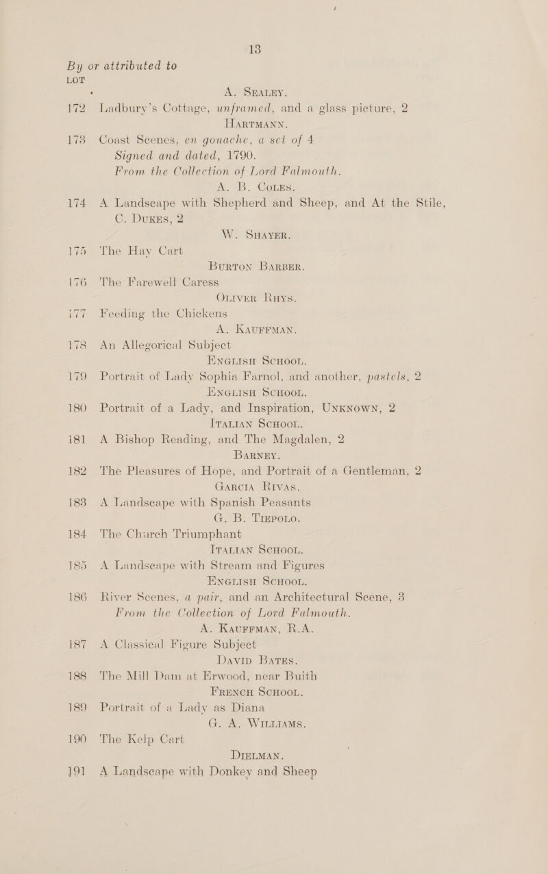 LOT . A. SEALEY. 172 Ladbury’s Cottage, unframed, and a glass picture, 2 HARTMANN. 178 Coast Scenes, en gouache, a set of 4 Signed and dated, 1790. From the Collection of Lord Falmouth. me, 3. Genre: 174 A Landscape with Shepherd and Sheep, and At the Stile, C. DuKEs, 2 W. SHAYER. 175 The Hay Cart Burton BarBER. 176 The Farewell Caress OLIVER Ruys. Feeding the Chickens A. KAUFFMAN. 178 An Allegorical Subject ENGLISH SCHOOL. 179 Portrait of Lady Sophia Farnol, and another, pastels, 2 TINGLISH SCHOOL. . 180 Portrait of a Lady, and Inspiration, Unknown, 2 ITALIAN SCHOOL. 181 A Bishop Reading, and The Magdalen, 2 BARNEY. 182 The Pleasures of Hope, and Portrait of a Gentleman, 2 GARCIA RIVAS. 183 A Landseape with Spanish Peasants GB. Tasrono. 184 The Church Triumphant ITALIAN SCHOOL. 185 A Landscape with Stream and Figures Enoeuisn Scoot. 186 River Scenes, a pair, and an Architectural Scene, 3 From the Collection of Lord Falmouth. A. KaurrMan, R.A. 187 A Classical Figure Subject Davin Batss. 188 The Mill Dam at Erwood, near Buith FRENCH SCHOOL. 189 Portrait of a Lady as Diana G. A. WILLIAMS. 190 The Kelp Cart DIELMAN. 191 A Landscape with Donkey and Sheep