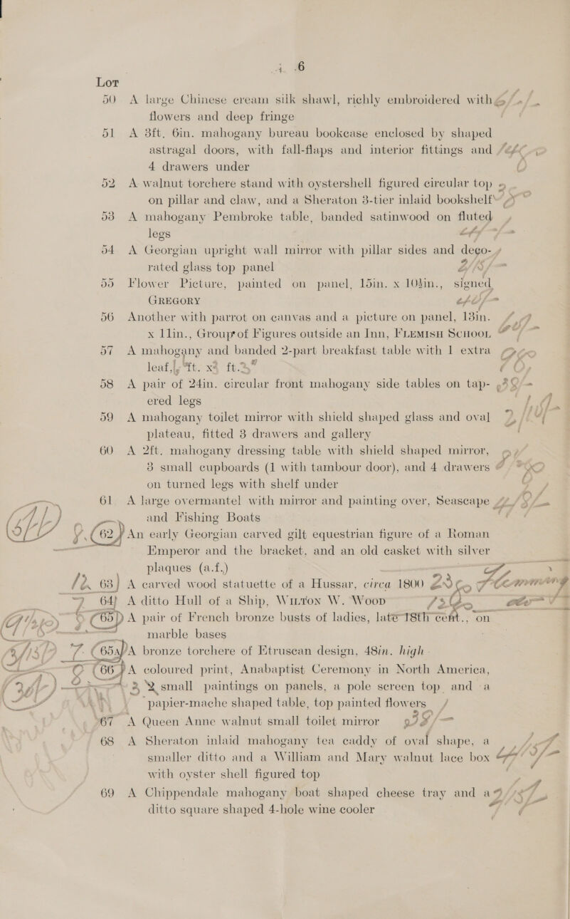  eee 50 A large Chinese cream silk shawl, richly embroidered with@/. /_ flowers and deep fringe 51 A 8ft. Gin. mahogany bureau bookcase enclosed by shaped astragal doors, with fall-flaps and interior fittings and “44., 4 drawers under A walnut torchere stand with oystershell figured circular top » or Ww on pillar and claw, and a Sheraton 3-tier inlaid bookshelf’ yy ~ 53 A mahogany Pembroke table, banded satinwood on fluted legs of d4. A Georgian upright wall mirror with pillar sides and dego- 9 fe rated glass top panel o/ 9, 55 Flower Picture, painted on panel, 15in. x 10kin., signed, GREGORY fof 56 Another with parrot on canvas and a picture on panel, 13in. 4 9 Pit = x llin., Grouprof Figures outside an Inn, FLEMIsH SCHOOL GY ae. ae ca: ihogany and banded 2-part breakfast table with 1 extra leaf,|, i. x4 ft.2, ’ 58 A pair of 24in. circular front mahogany side tables on tap- .40 = ered legs ‘} A : 59 A mahogany toilet mirror with shield shaped glass and oval ~, 0“; plateau, fitted 8 drawers and gallery 60 <A 2f{t. mahogany dressing table with shield shaped mirror, 3 small cupboards (1 with tambour door), and 4 drawers © 9 ~~ on turned legs with shelf under 61 A large overmante!l with mirror and painting over, Seascape LZ/ 28 Ss and Fishing Boats ‘An early Georgian carved gilt equestrian figure of a Roman Emperor and the bracket, and an old casket with Bay er     /} 63 | A ano o atuette of a Hussar, circa 1800 24 ¢ Ha mang fe 63] A cz i é : PAs fo VE . : Z_ 64) A ditto Hull of a Ship, Winton W. “Woop ys Bo cee Va ¢ (65) D A pair of French bronze busts of ladies, lat® 18th cot... “om 4 meer >. +), Marble bases (65: A 4 bronze torchere of Etruscan design, 48in. high - ; | GS ; coloured print, Anabaptist Ceremony in North America, ) Si 4 c % A small paintings on panels, a pole screen top and oa % papier-mache shaped table, top painted flowers 67 A Queen Anne walnut small toilet mirror 9. 5¥/— 68 A Sheraton inlaid mahogany tea caddy of oval shape, a ~ £ smaller ditto and a William and Mary walnut lace box of ¥ ee with oyster shell figured top is - 69 A Chippendale mahogany boat shaped cheese tray and a“ a ‘ . oo ditto square shaped 4-hole wine cooler