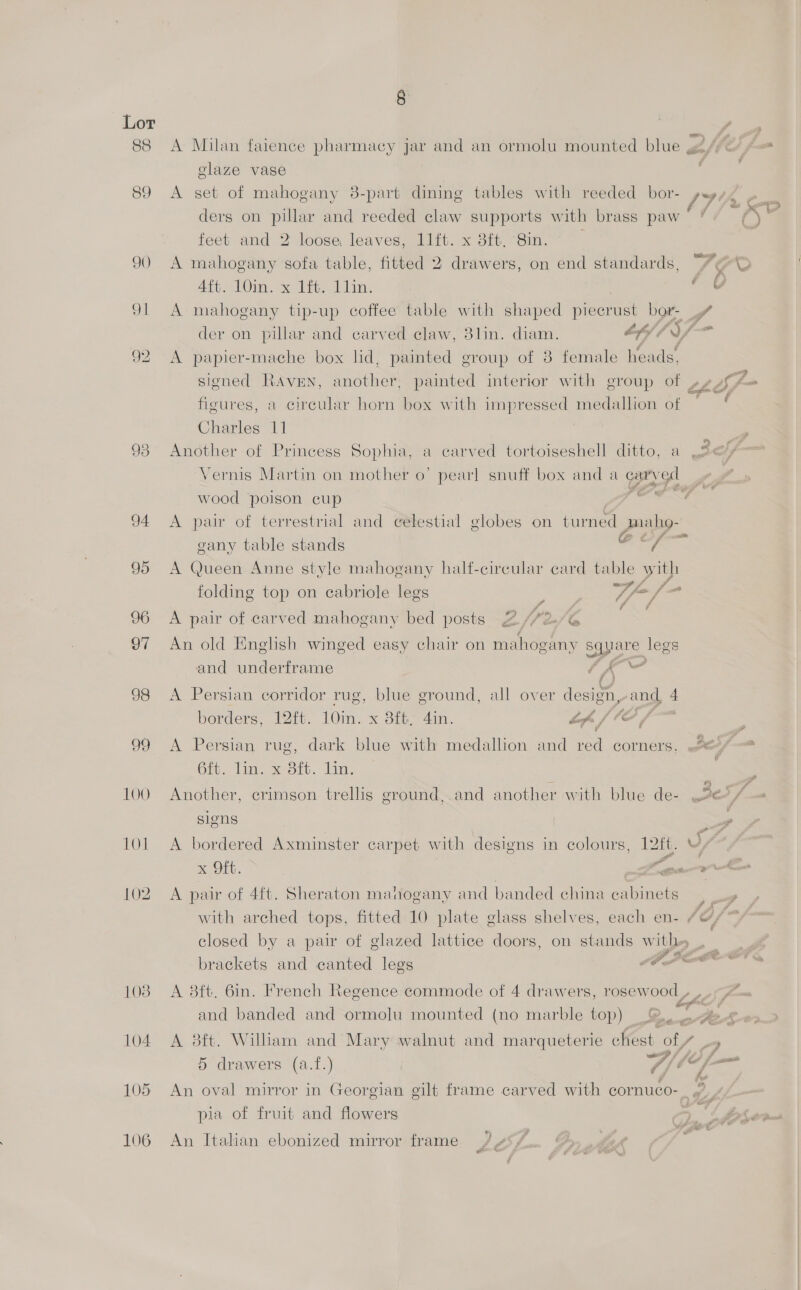 88 A Milan faience pharmacy jar and an ormolu mounted blue &amp; af ¢ glaze vase , 89 A set of mahogany 8-part dining tables with reeded bor- sey, ders on pillar and reeded claw supports with brass paw” &amp; feet and 2 loose leaves, l1ft. x 8ft, Sin. 90 A mahogany sofa table, fitted 2 drawers, on end standards, / Att. 10m. Tit, Adin. 91 A: mahogany tip-up coffee table with shaped piecrust bor- der on pillar and carved claw, 3lin. diam. 4M 92 <A papier-mache box lid, painted group of 3 female heads, figures, a circular horn box with impressed medallion of Charles 11 93 Another of Princess Sophia, a carved tortoiseshell ditto, a Vernis Martin on mother o’ pearl snuff box and a oy wood poison cup 94 <A pair of terrestrial and celestial globes on turned Jaaho- gany table stands a a 95 A Queen Anne style mahogany half-circular card table w ith folding top on cabriole legs Flo m i p f a f Ys 96 A pair of carved mahogany bed posts 2 /72./G 97 An old English winged easy chair on mahogany square legs and underframe (fk vd 98 A Persian corridor rug, blue ground, all over design, and, 4 borders, 12ft. 1Oin x Ole. 4m. kf / we es 2 99 <A Persian rug, dark blue with medallion and red corners, Gr. lm. x Sit. lin; 100 Another, crimson trellis ground, and another with blue de- siens 101 A bordered Axminster carpet with designs in colours, 12ft. ¥, x Oft. Loe oe 102. A pair of 4ft. Sheraton manogany and banded china cabinets | with arched tops, fitted 10 plate glass shelves, each en- /@/~ closed by a pair of glazed lattice doors, on stands with» ~ brackets and canted legs FA  103 A 8ft. Gin. French Regence commode of 4 drawers, rosewood , ,.- and banded and ormolu mounted (no marble top) %. 2-2 104. A a William and Mary walnut and marqueterie chest yA 7 5 drawers (a.f.) 105 An oval mirror in Georgian gilt frame carved with ere Ss ee, pia of fruit and flowers ; e 106 An Italian ebonized mirror frame