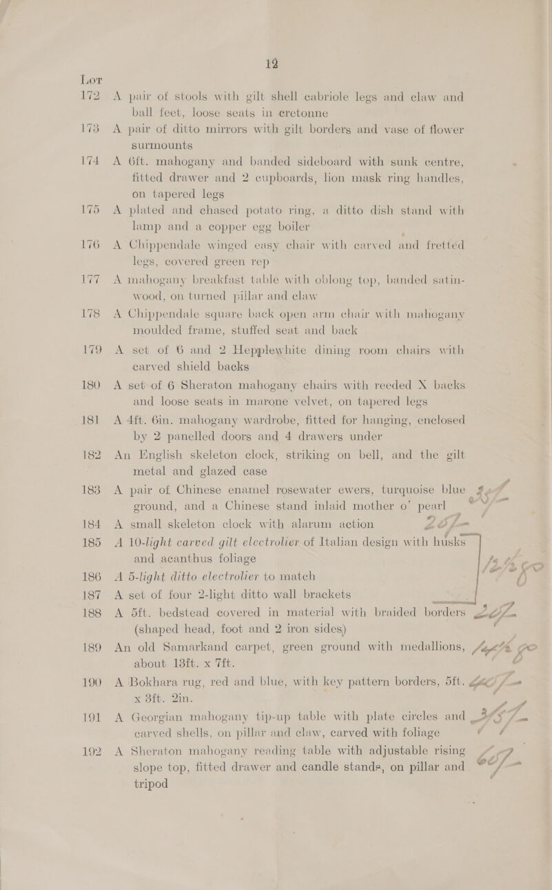 gE: 190 12 A pair of stools with gilt shell cabriole legs and claw and ball feet, loose seats in cretonne A pair of ditto mirrors with gilt borderg and vase of flower surmounts A 6ft. mahogany and banded sideboard with sunk centre, fitted drawer and 2 cupboards, lion mask ring handles, on tapered legs A plated and chased potato ring, a ditto dish stand with lamp and a copper egg boiler A Chippendale winged easy chair with carved and fretted legs, covered green rep A mahogany breakfast table with oblong top, banded satin- wood, on turned pillar and claw A Chippendale square back open arm chair with mahogany moulded frame, stuffed seat and back A set of 6 and 2 Hepplewhite dining room chairs with carved shield backs A set of 6 Sheraton mahogany chairs with reeded X backs and loose seats in marone velvet, on tapered legs A 4ft. 6in. mahogany wardrobe, fitted for hanging, enclosed by 2 panelled doors and 4 drawerg under An English skeleton clock, striking on bell, and the gilt metal and glazed case ground, and a Chinese stand inlaid mother o’ pearl # P e A small skeleton clock with alarum action —_ and acanthus foliage fa A B-light ditto electrolier to match 4 A set of four 2-lght ditto wall brackets Ng | A 5dft. bedstead covered in material with braided borders gogy (shaped head, foot and 2 iron sides) “ An old Samarkand carpet, green ground with medalhons, Je about. 13ft. x Tit. X Olt. ine   &amp;. Ge carved shells, on pillar and claw, carved with foliage A Sheraton mahogany reading table with adjustable rising tripod ‘ # &amp;, Pd 7 7 iN Ss,