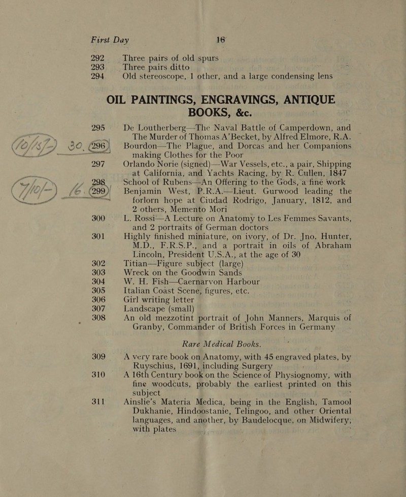 292 293 294 Three pairs of old spurs Three pairs ditto . Old stereoscope, 1 other, and a large condensing fe BOOKS, &amp;c. De Loutherberg—The Naval Battle of Camperdown, and The Murder of Thomas A’ Becket, by Alfred Elmore, R.A. Bourdon—The Plague, and Dorcas and her Companions making Clothes for the Poor Orlando Norie (signed)—-War Vessels, etc., a pair, Shipping at California, and Yachts Racing, by R. Cullen, 1847 Benjamin West, P.R.A.—Lieut. Gurwood leading the forlorn hope at Ciudad Rodrigo, January, 1812, and 2 others, Memento Mori L. Rossi—A Lecture on Anatomy to Les Femmes Savants, and 2 portraits of German doctors Highly finished miniature, on ivory, of Dr. Jno. Hunter, M.D., F.R.S.P., and a portrait in oils of Abraham Lincoln, President U.S.A., at the age of 30 Titian—Figure subject (large) Wreck on the Goodwin Sands W. H. Fish—Caernarvon Harbour Italian Coast Scene, figures, etc. Girl writing letter Landscape (small) An old mezzotint portrait of John Manners, Marquis of Granby, Commander of British Forces in Germany Rare Medical Books. A very rare book on Anatomy, with 45 erpxaner plates, by Ruyschius, 1691, including Surgery A 16th Century book on the Science of Physiognamy; with fine woodcuts, probably the earliest panted on this subject Ainslie’s Materia Medica, being in the Englishy Tamool Dukhanie, Hindoostanie, Telingoo, and other Oriental languages, and another, by Baudelocque, on Midwifery, with plates